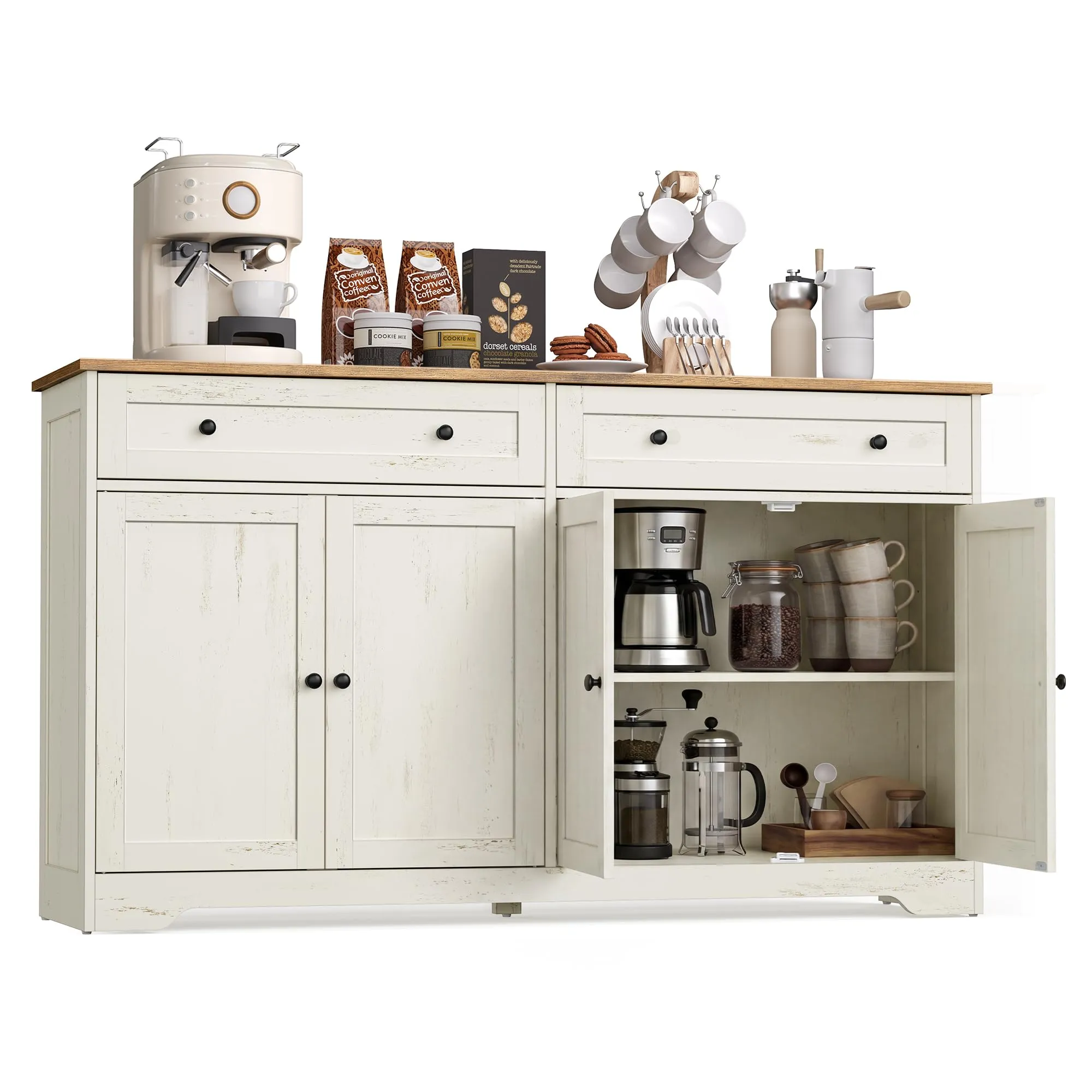 VASAGLE Siren Collezione Credenza Madia, Mobile Soggiorno in Truciolato, Buffet per Cucina e Ingresso, Ripiani Regolabili, 140 x 40 x 80 cm, Bianco Nuvola, LSC541WJ01