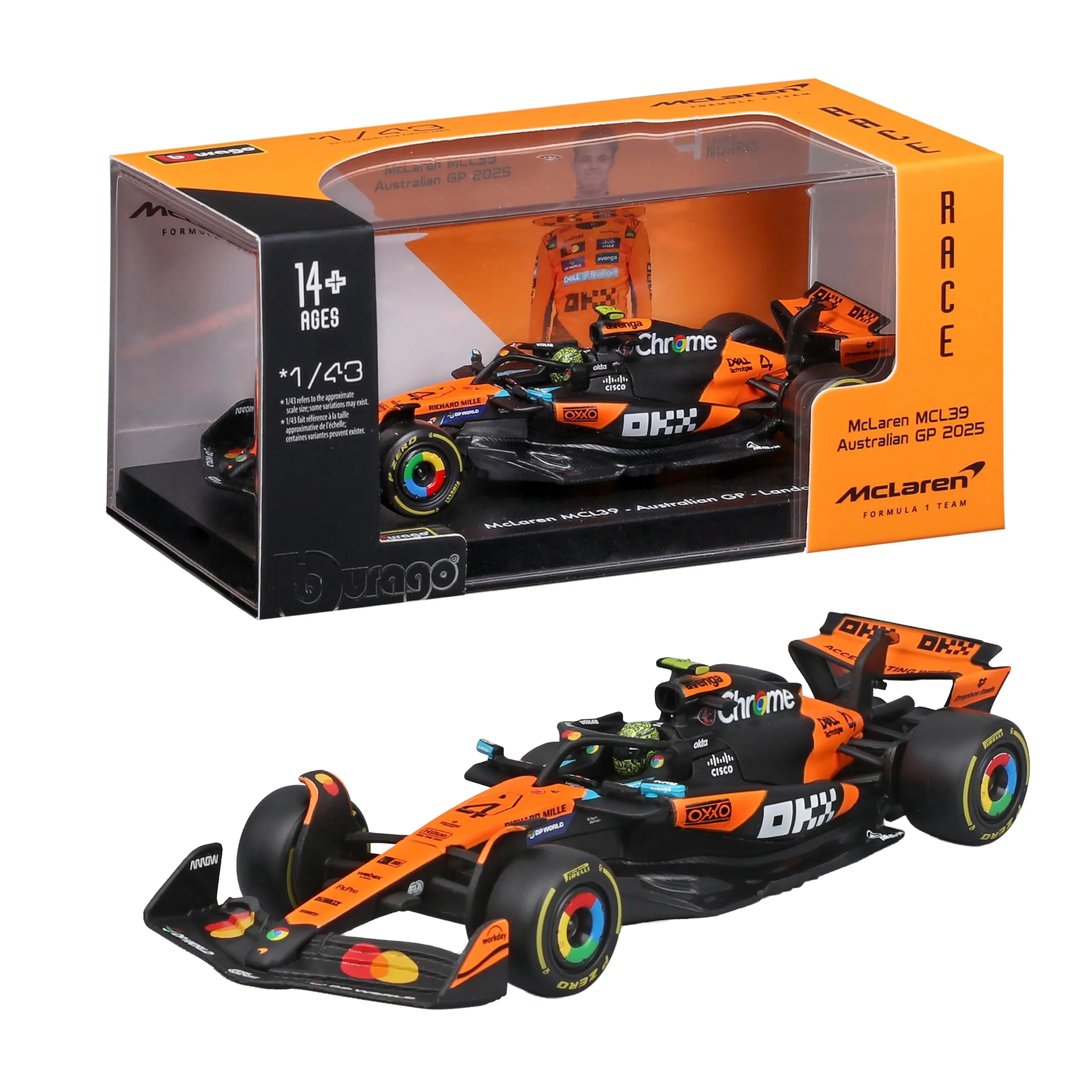 Bburago - McLaren F1 MCL39 2025#4 Norris, Auto Diecast in Scala 1:43 con Teca Espositiva, Replica Dettagliata F1 McLaren, Basetta Inclusa, Licenza Ufficiale, Età Consigliata 14+ Anni