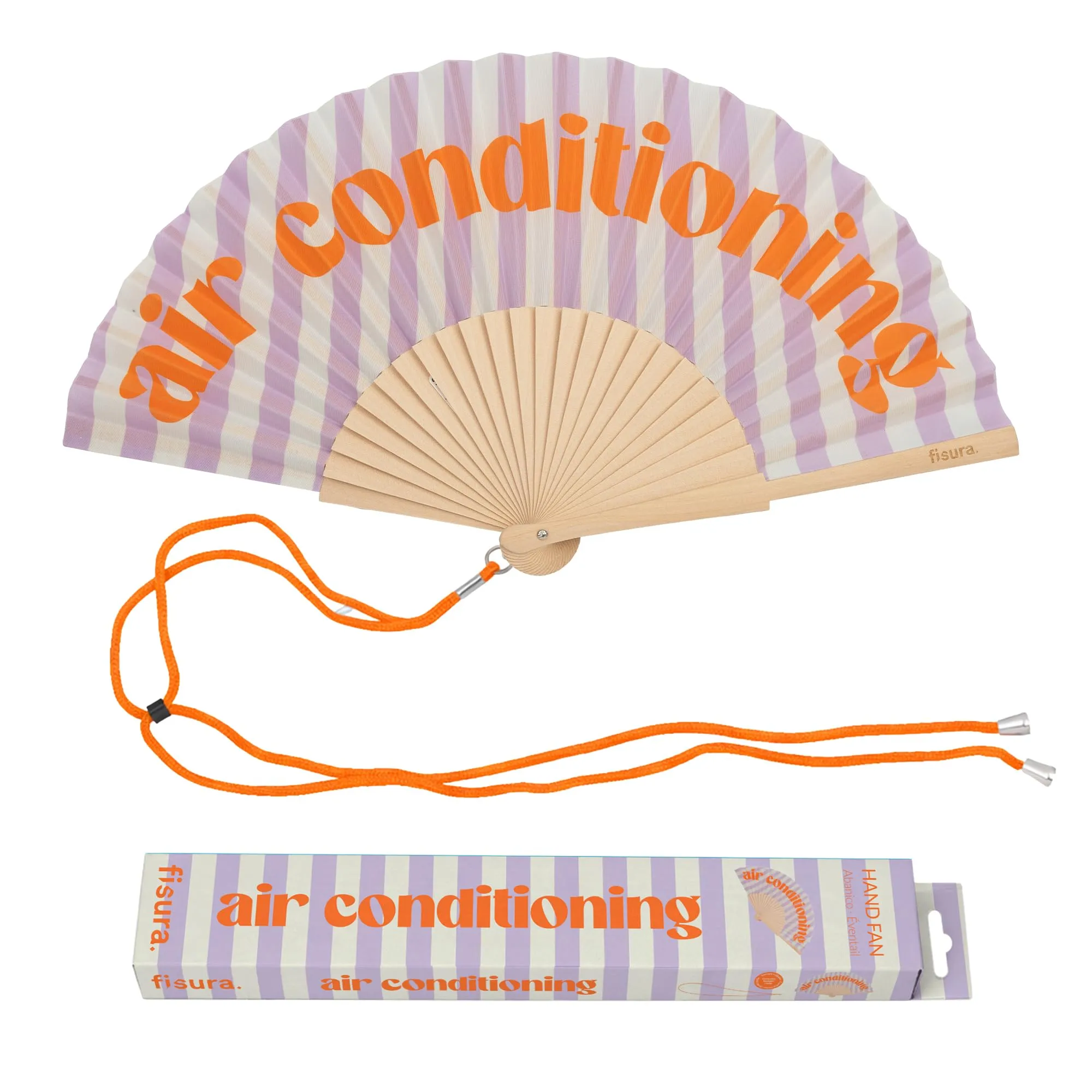 Fisura – Ventaglio originale in legno con scritta “Air Conditioning”, ventaglio a mano moderno a righe lilla, con laccetto incluso, idea regalo divertente, 42,5 x 23 cm