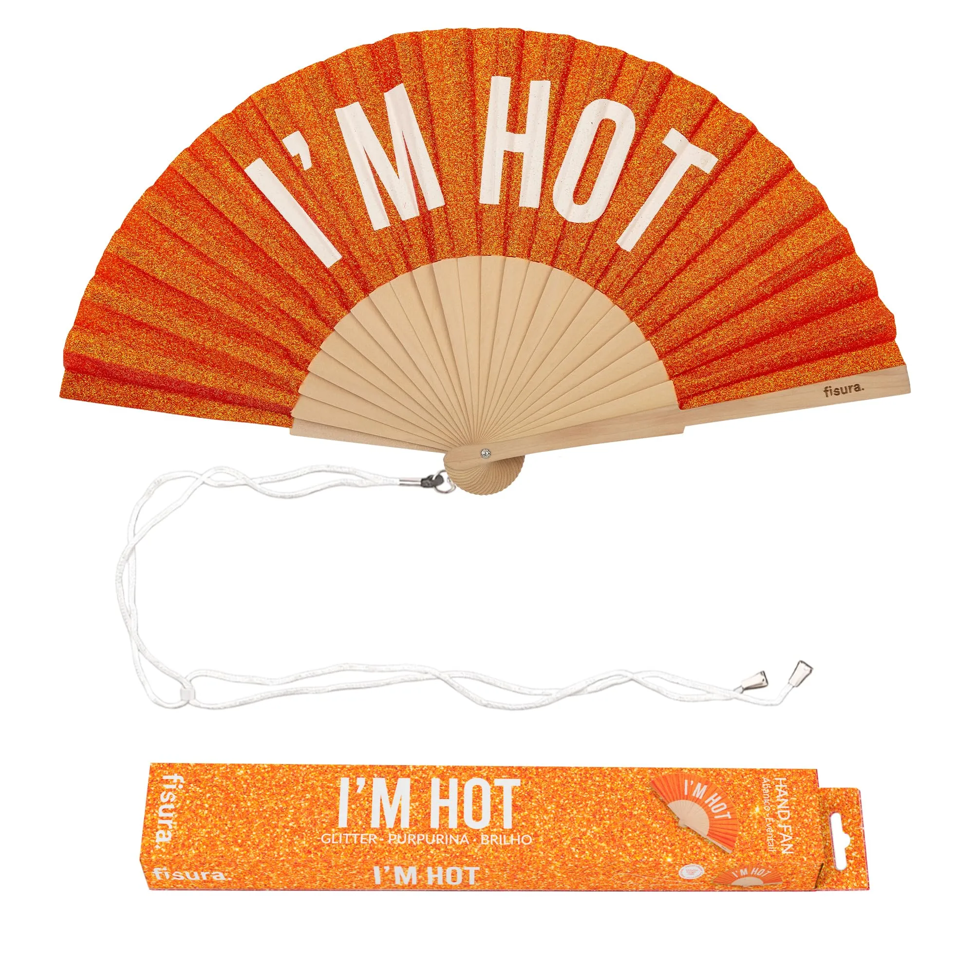 Fisura – Ventaglio originale con scritta “I’m hot”. Accessorio pieghevole in legno moderno e vivace con glitter arancione. Laccetto incluso. Idea regalo simpatica. 42,5 x 23 cm