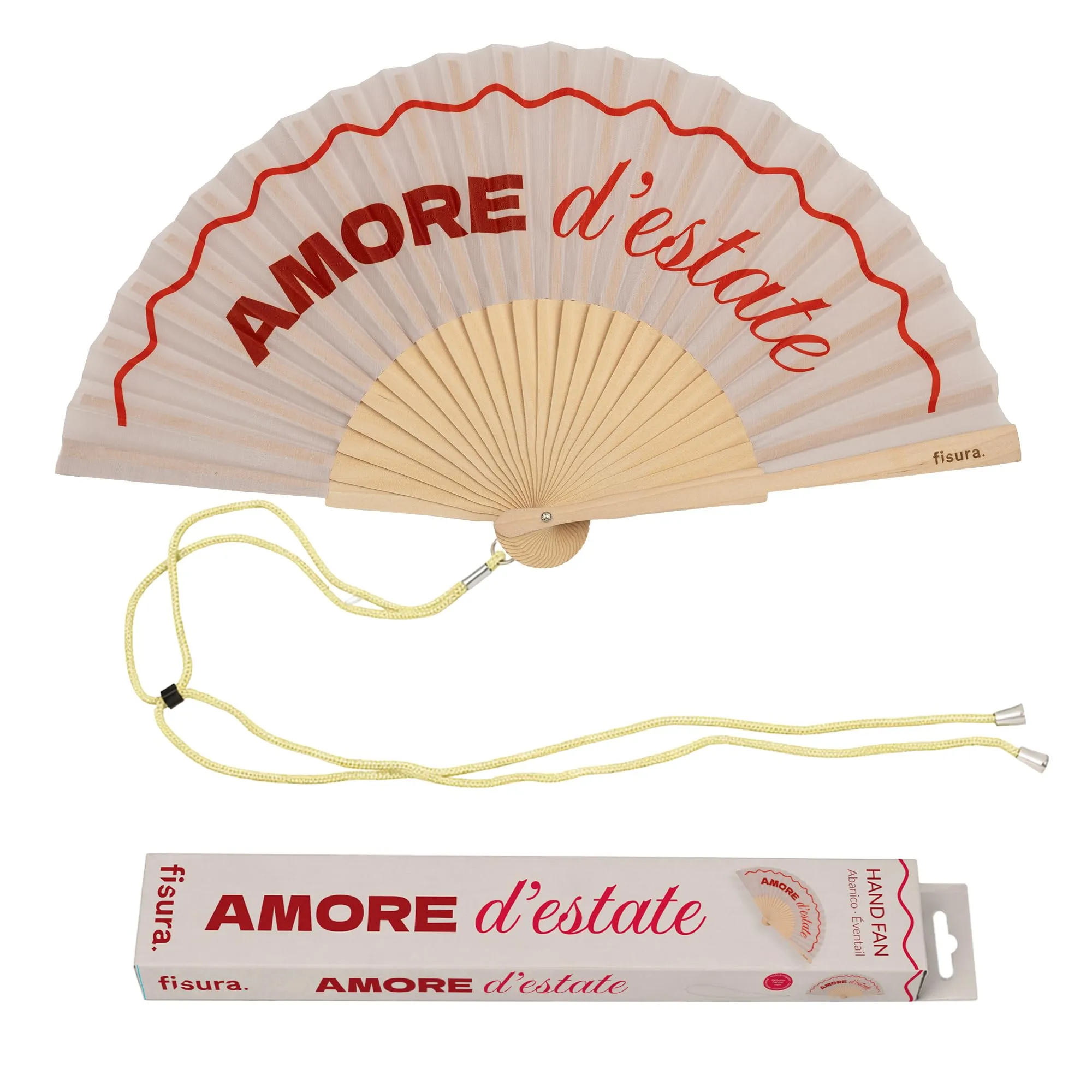 Fisura – Ventaglio originale con messaggio “Amore d'estate”. Accessorio pieghevole in legno rosso, ventilatore manuale leggero ideale per spiaggia, viaggio o festival. Laccetto incluso 42,5 x 23 cm