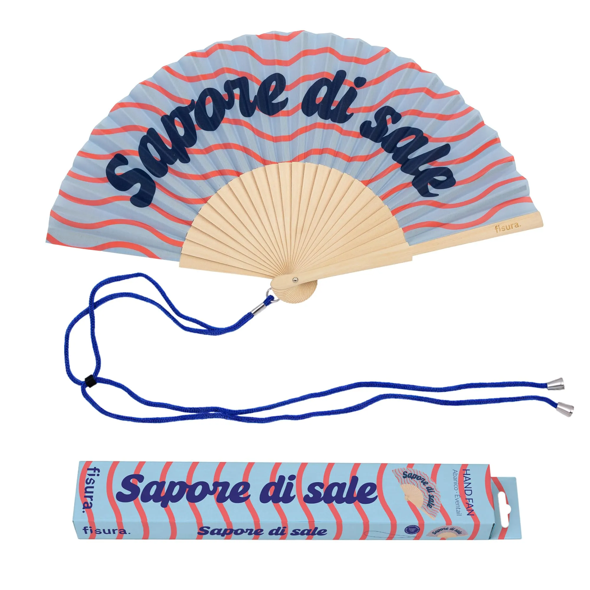 Fisura – Ventaglio originale con messaggio “Sapore di sale”. Accessorio pieghevole in legno blu, ventilatore manuale leggero per spiaggia, vacanze, viaggio o estate. Laccetto incluso 42,5 x 23 cm