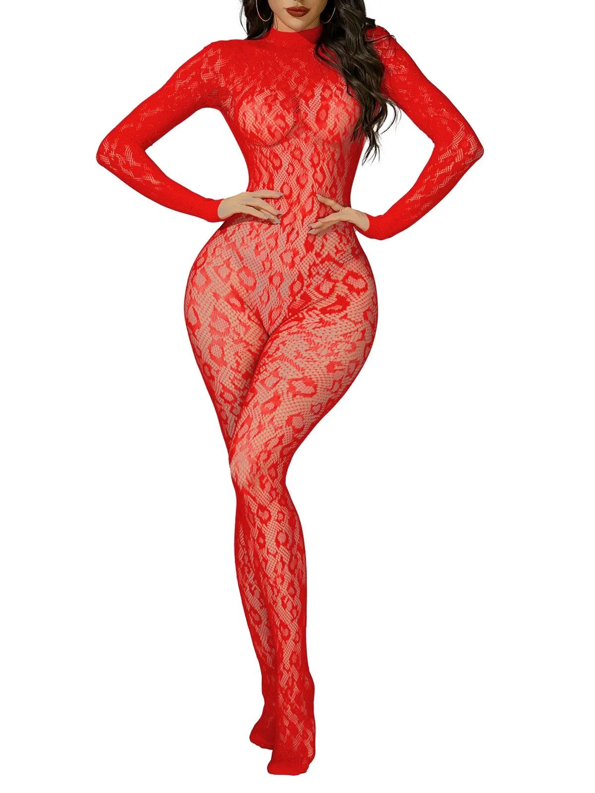 Buitifo Donna Fishnet Bodystocking Pigiama(rosso lbb,Taglia unica)