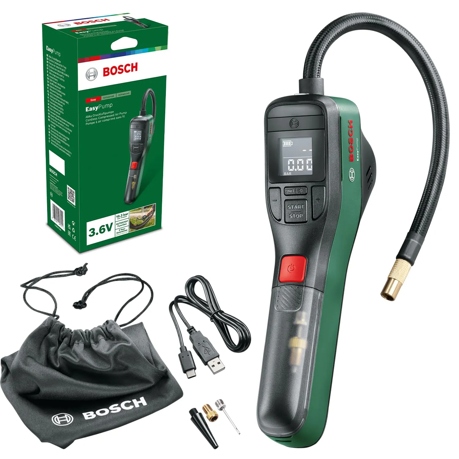 Bosch Minipompa elettrica EasyPump (Batteria da 3,0 Ah, 3,6 V, Funzione Autostop, 150 PSI, 10,3 Bar, LED, Ricaricabile Tramite Cavo USB-C, in Confezione di Cartone)