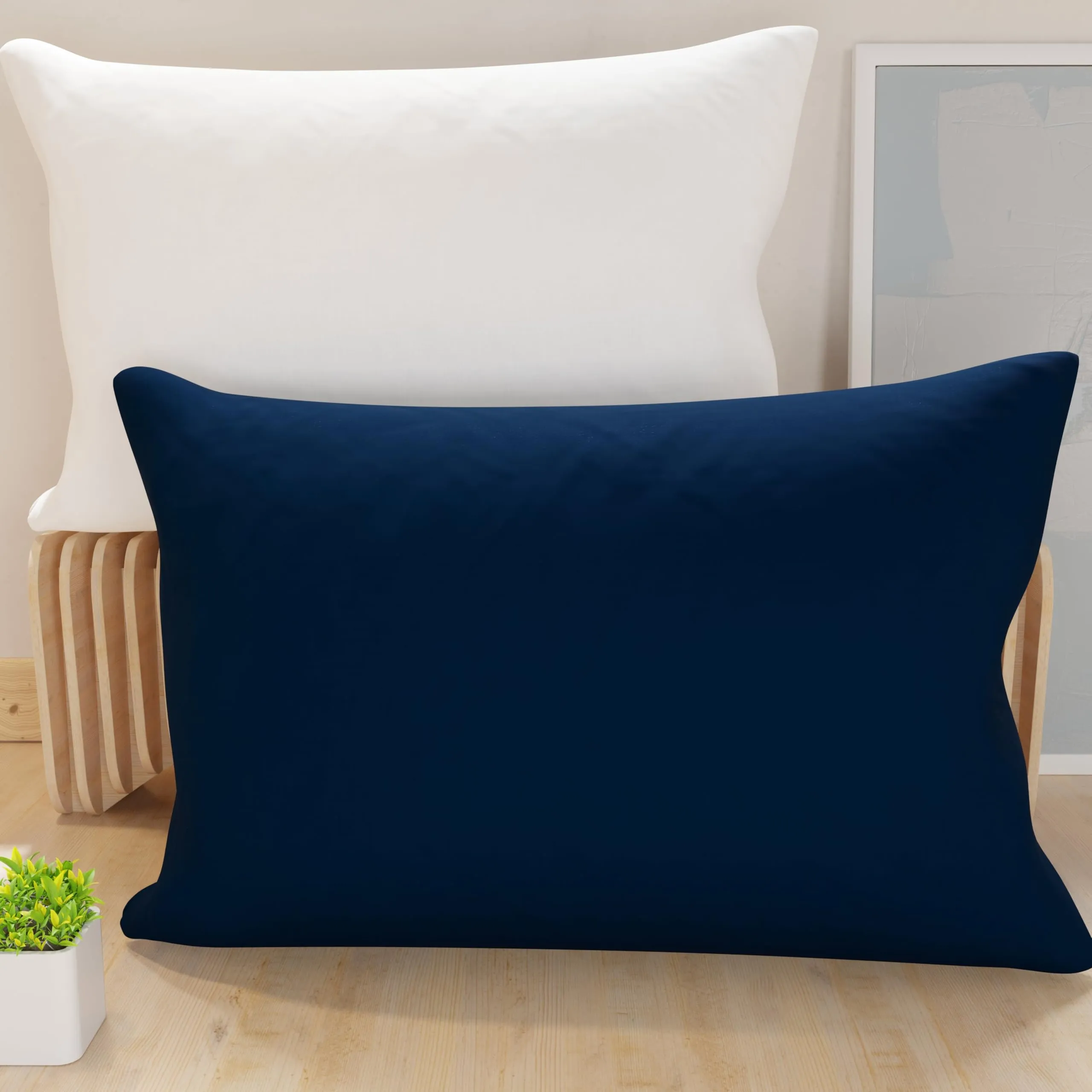 PETTI Artigiani Italiani - Coppia di Federe Cuscino 70x40 cm in Microfibra, Cuscini Arredo Camera da Letto, Divano, Set 2 Fodere Copricuscino, Federa Double Face Bianco Blu Notte