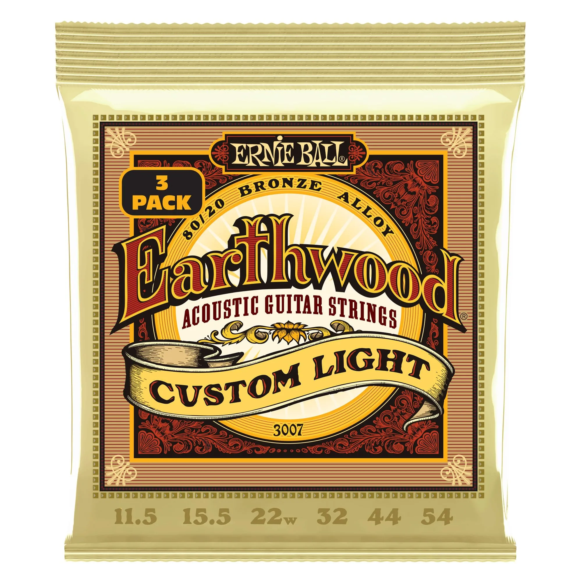 Ernie Ball Earthwood Custom Light 80/20 bronzo, Corde per chitarra acustica, confezione da 3, diametro 11.5-54
