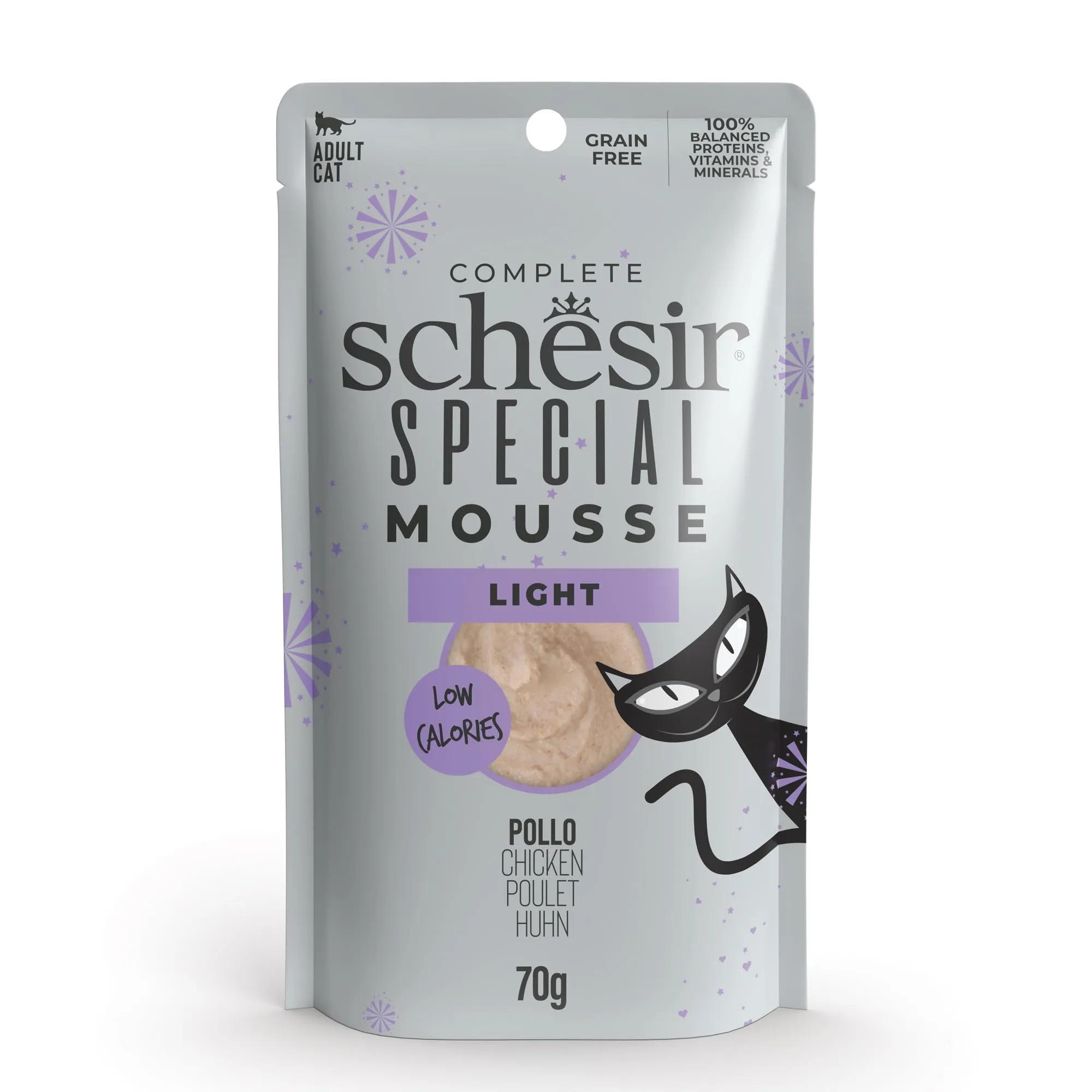 Schesir Special Light, Filetti di Pollo in Mousse, Alimento Umido Completo per Gatti, in Busta, Grain Free, Alto Contenuto di Proteine, Ricco di Idratazione, 12 x 70g