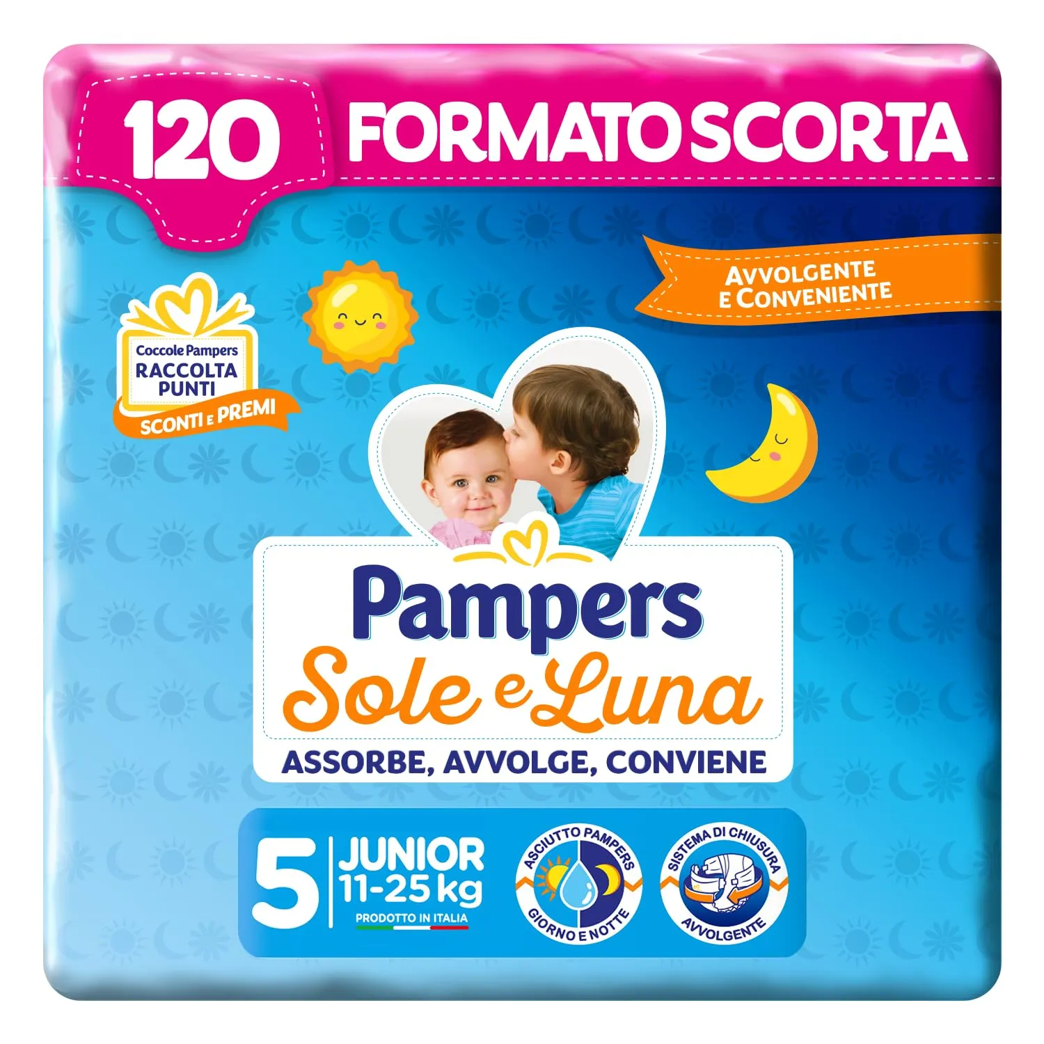 Pampers Sole e Luna Junior, Taglia 5 (11-25 kg), 120 Pannolini Bambino