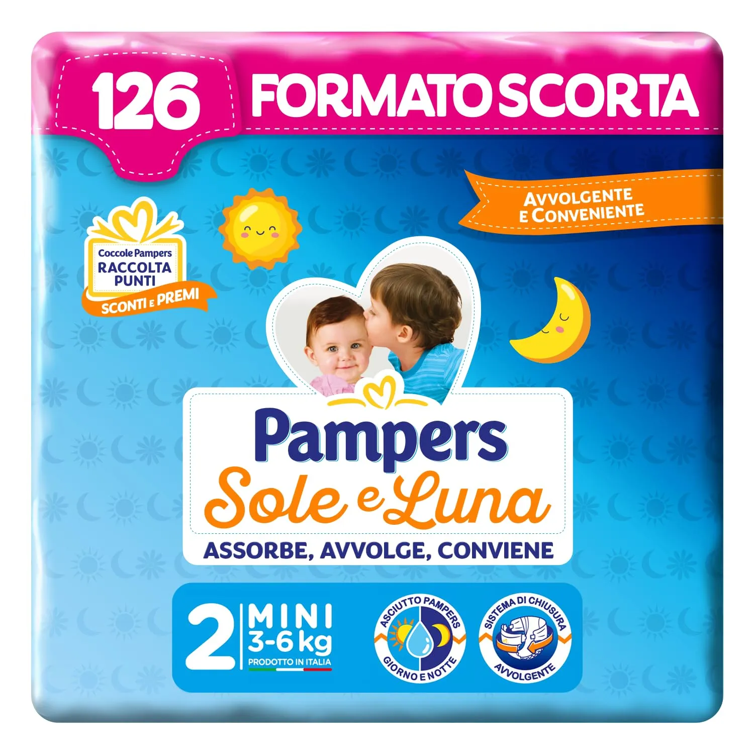 Pampers Sole e Luna Mini, Taglia 2 (3-6 kg), 126 Pannolini Neonato