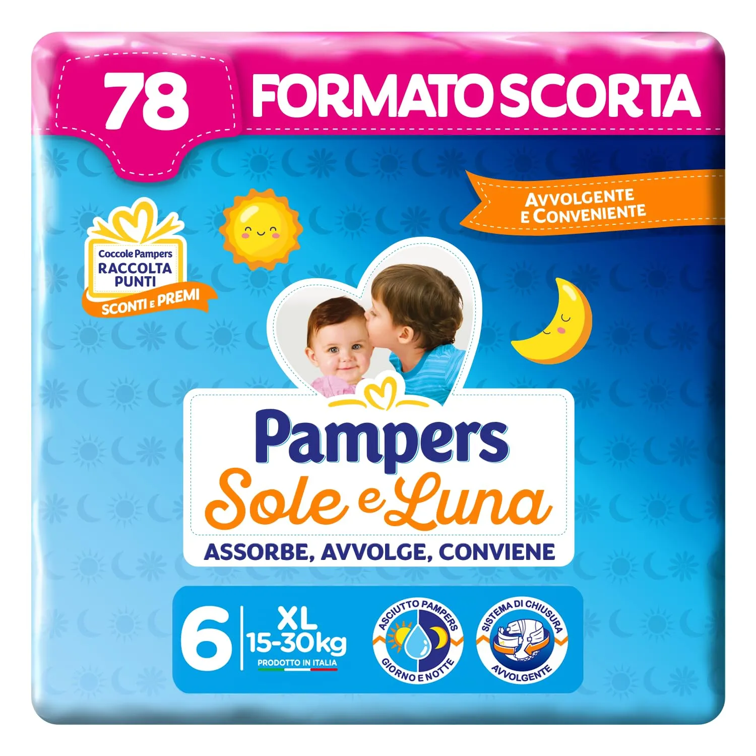 Pampers Sole e Luna XL, Taglia 6 (15-30 kg), 78 Pannolini Bambino