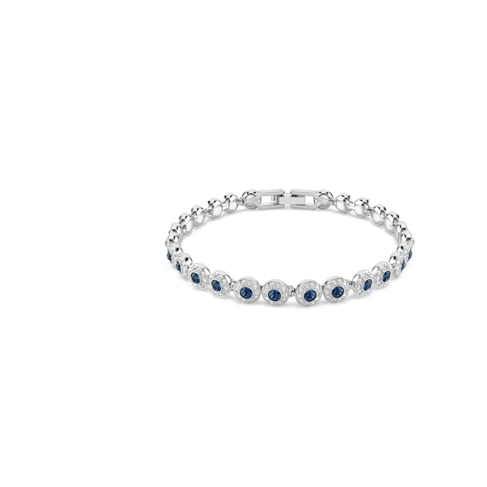 Swarovski Una Angelic Bracciale Tennis, con Pavé di Cristalli Blu, Pietre Preziose a Taglio Round, Chiusura a Scomparsa con Extender, Placcatura in Tonalità Rodio, 16,5-19 cm, 0,6 cm