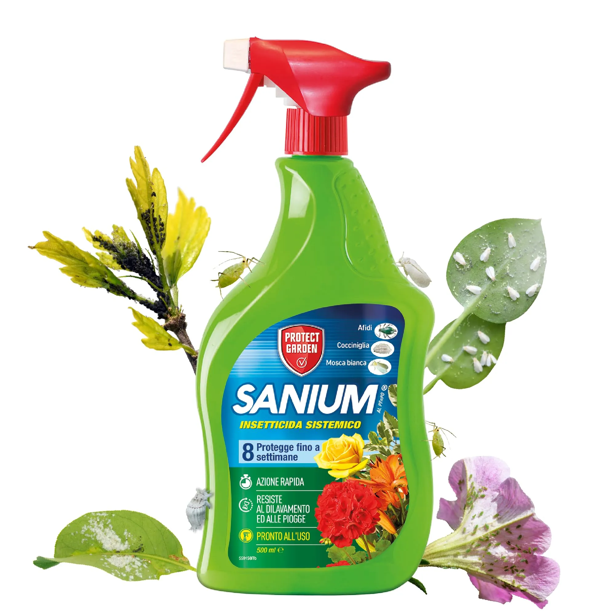 Protect Garden Sanium AL PFnPO, Insetticida Sistemico Pronto Uso. Elimina Afidi, Cocciniglia, Mosca Bianca. Rapida Azione Abbattente. Fino a 8 Settimane di Protezione 500ml