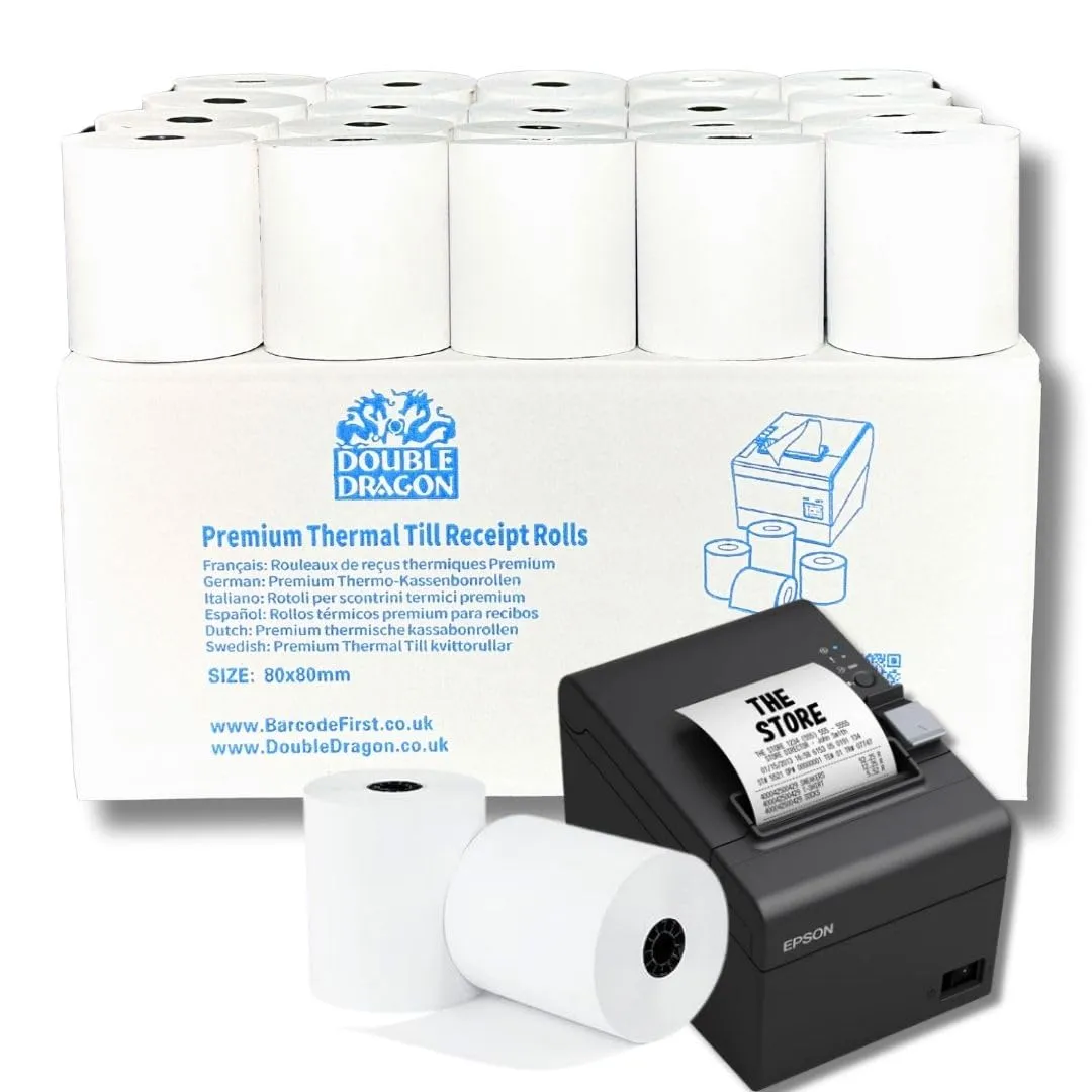 Double Dragon, Rullo Ricevuta Termica Premium da 80 x 80 mm per Stampante EPOS, Terminale POS, Registratore di Cassa [Pacco da 40]