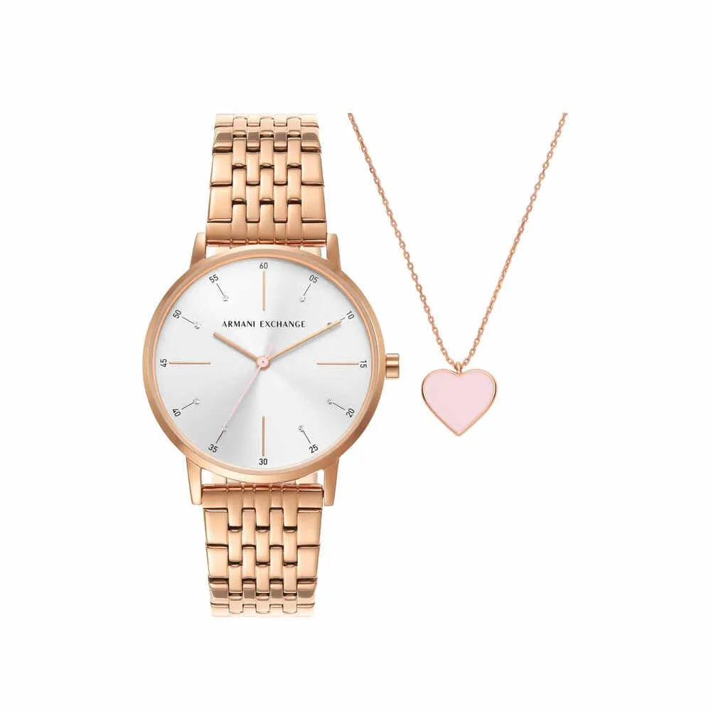 Armani Exchange Orologio a tre lancette al quarzo Donna, cassa in acciaio inossidabile oro rosa 36 mm con bracciale in acciaio inossidabile, AX7145SET, Set oro rosa e bianco