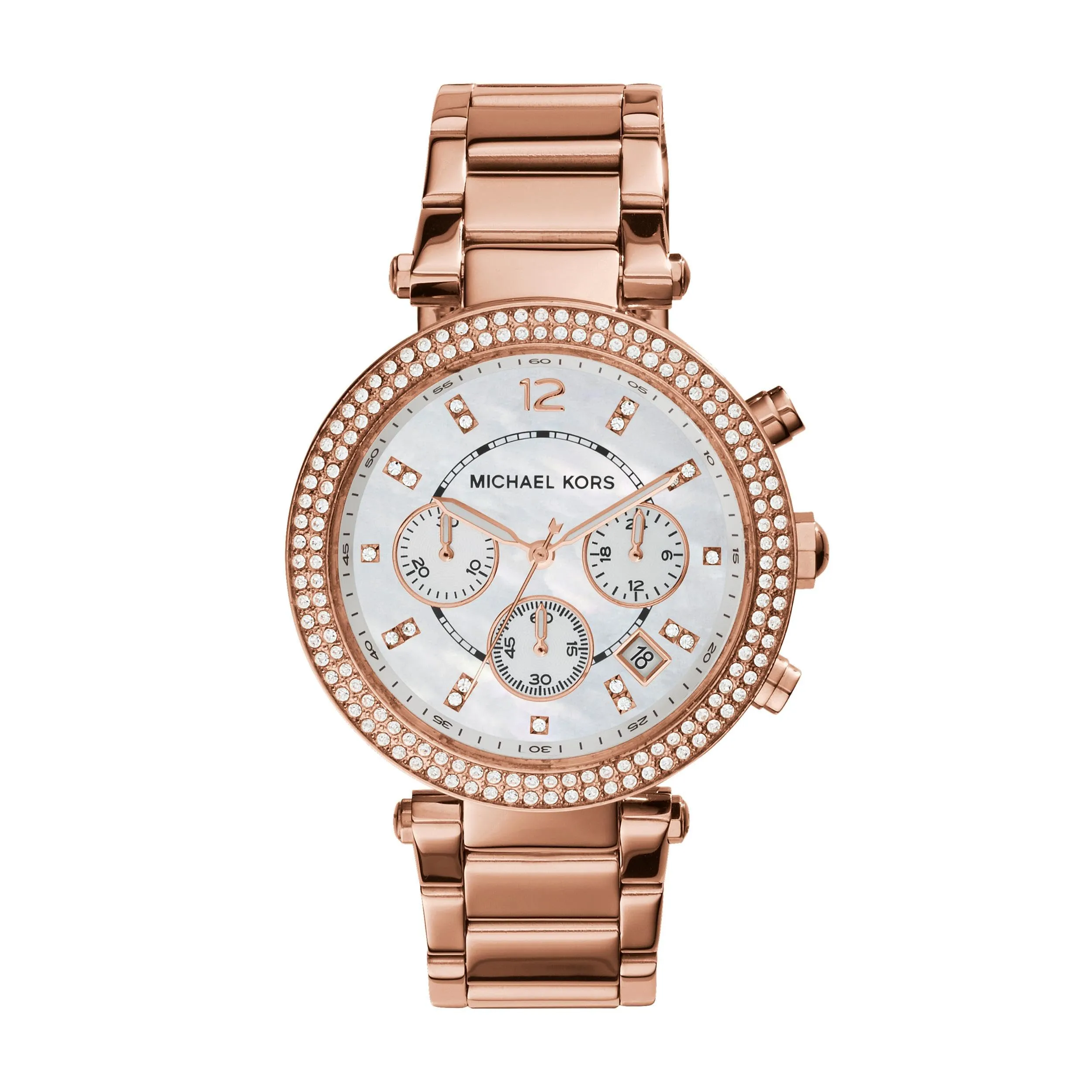 Michael Kors Orologio Parker per donna, Movimento cronografo al quarzo con cinturino in acciaio inossidabile o PVC, Tono oro rosa e glitter bianco