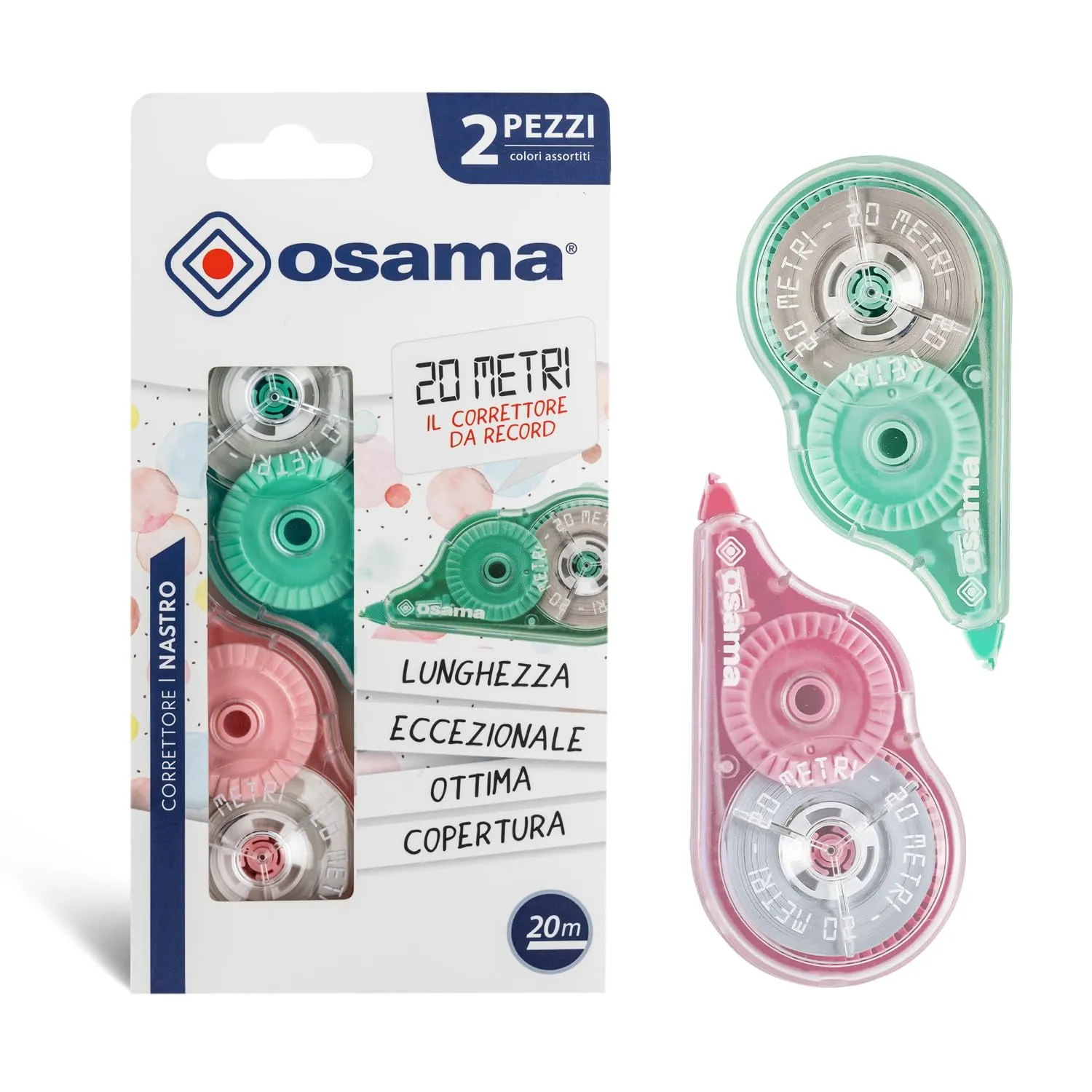 OSAMA - Bianchetto a Nastro, 2 Pezzi x 20 Metri (Tot 40m), Correttore a Nastro Cancelleria Scuola e Ufficio - Scolorina Set Utile per Cartoleria e Cose per la Scuola, Scorrevole e Coprente, Pastello