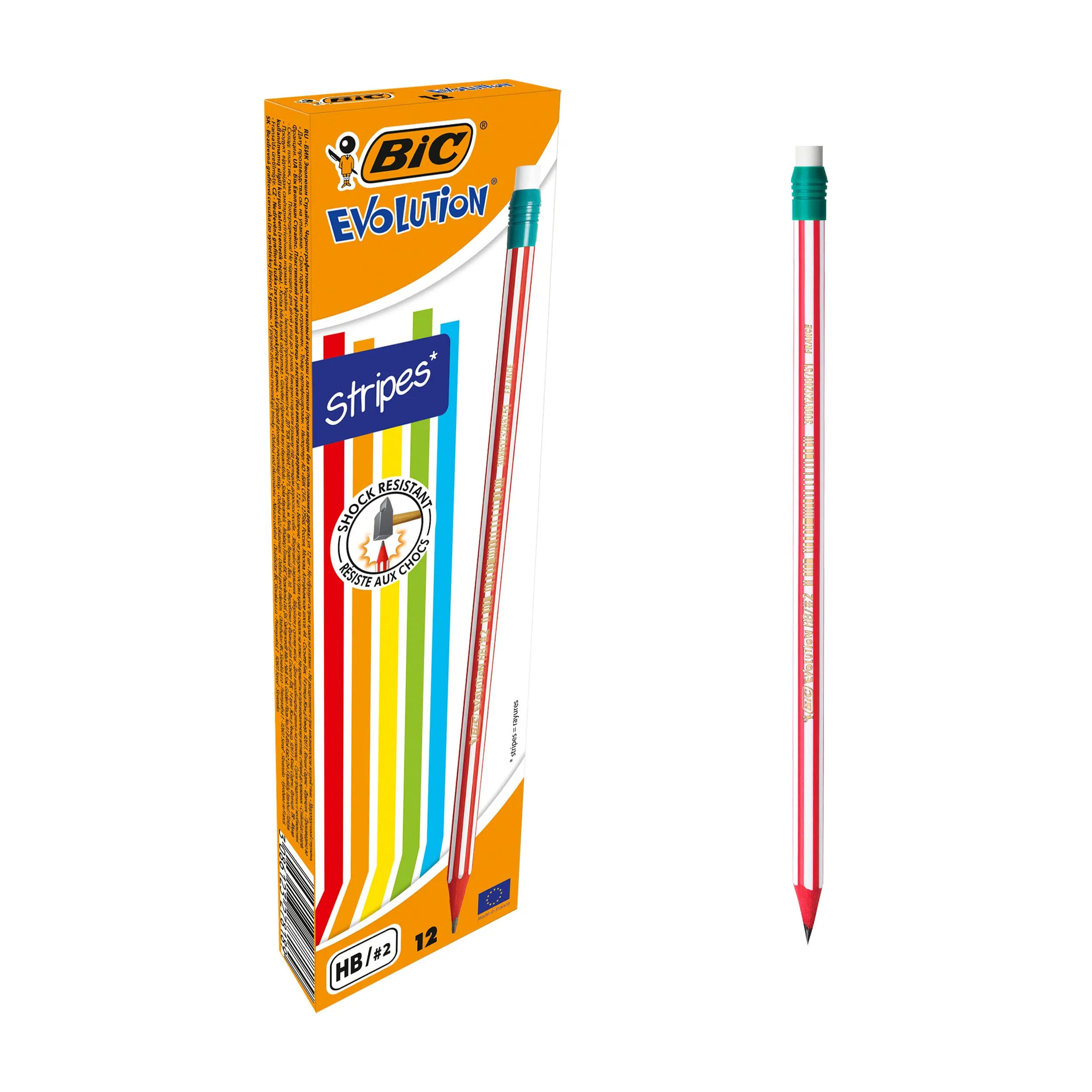 BIC Evolution Stripes, 12 matite con gomma, matite HB media, senza legno e infrangibile