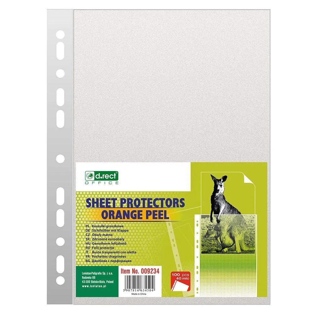 D.RECT | Buste Perforate | Formato A4 | 40 Micron | Confezione da 100 Unità | Polipropilene Buccia d'Arancia, Granulato | Busta Forata | Trasparente Perforato | Tasche in Polipropilene