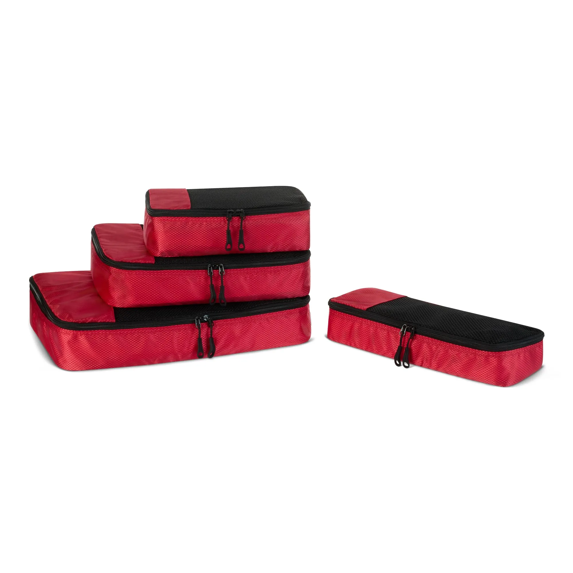 Amazon Essentials, Set di 4 Packing Cube, Accessori da Viaggio, Organizer per Bagagli con Doppia Cerniera, Parte Superiore in Rete, Poliestere, S/M/L/Slim, Rosso (in Precedenza Amazon Basics)