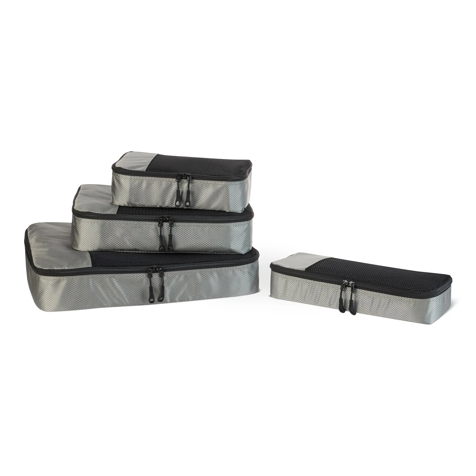 Amazon Essentials, Set di 4 Packing Cube, Accessori da Viaggio, Organizer per Bagagli con Doppia Cerniera, Parte Superiore in Rete, 100% Poliestere, S/M/L/Slim, Grigio (in Precedenza Amazon Basics)