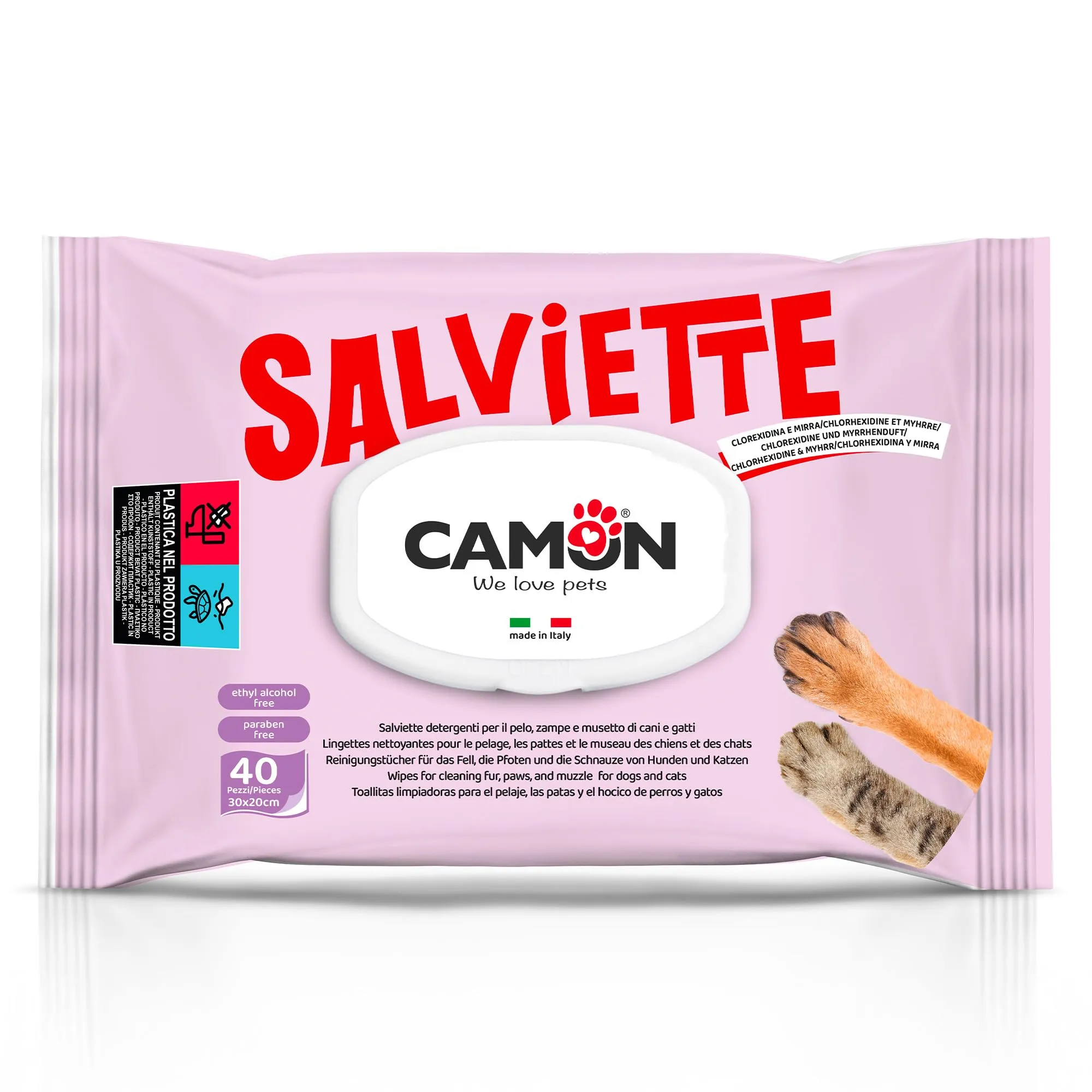 CAMON - Salviette Detergenti per Cani e Gatti, 30x20 cm, Fragranza Mirra