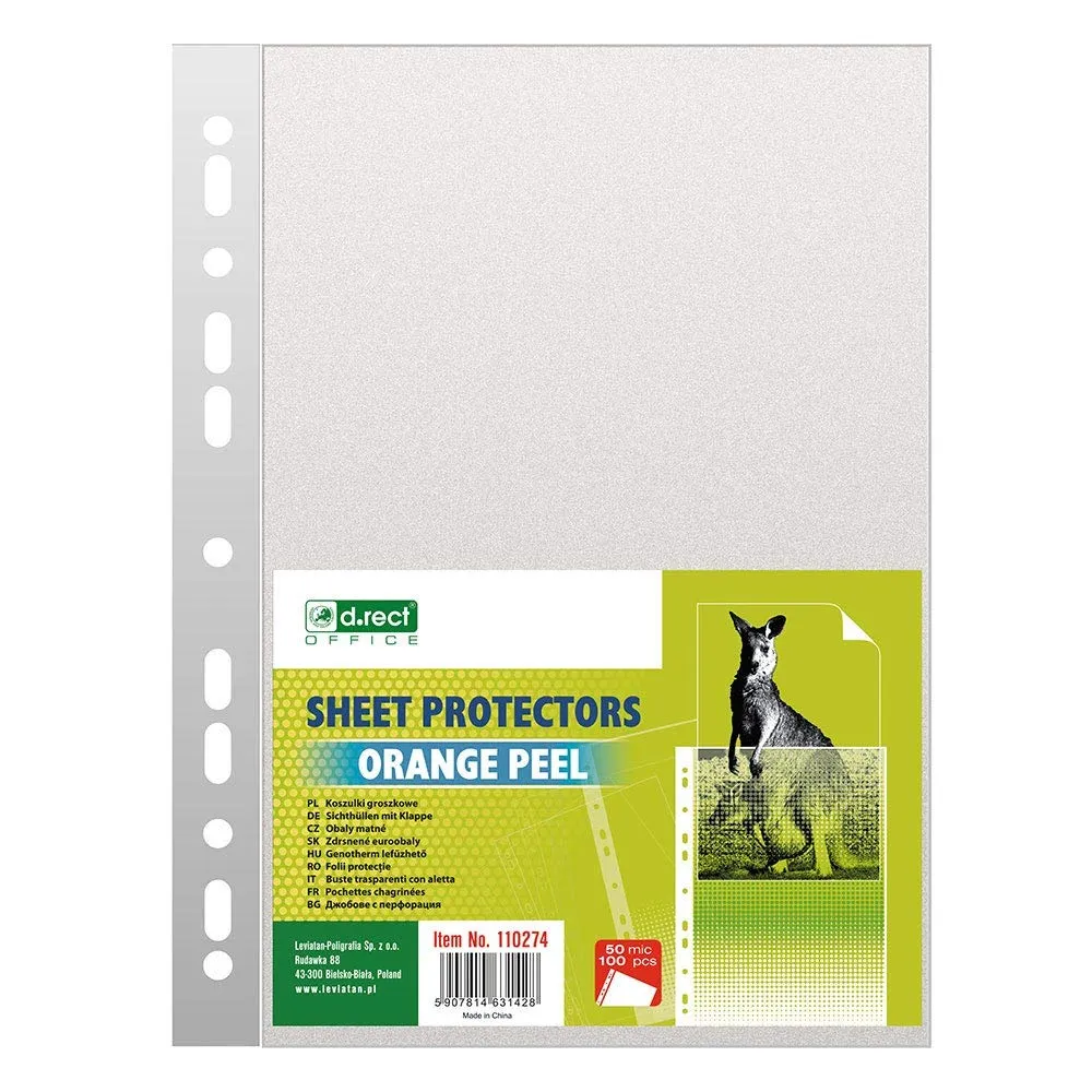 D.RECT | Buste Perforate | Formato A4 | 50 Micron | Confezione da 100 Unità | Polipropilene Buccia d'Arancia, Granulato | Busta Forata | Trasparente Perforato | Tasche in Polipropilene