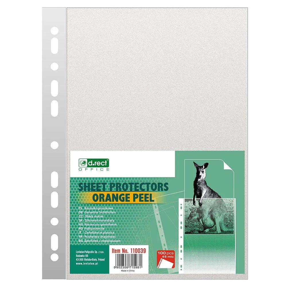 D.RECT | Buste Perforate | Formato A4 | 45 Micron | Confezione da 100 Unità | Polipropilene Buccia d'Arancia, Granulato | Busta Forata | Trasparente Perforato | Tasche in Polipropilene