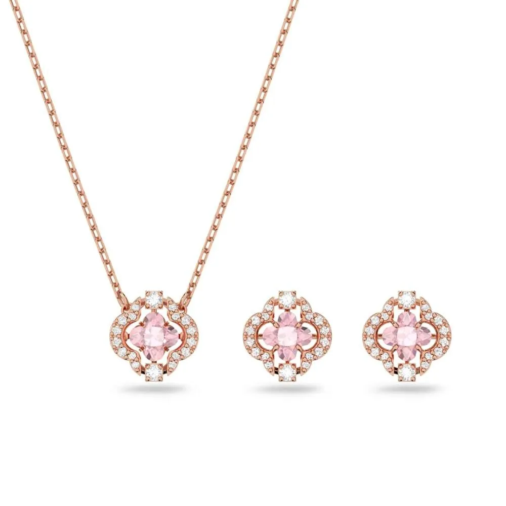 Swarovski Set Una, Taglio misto, Quadrifoglio, Rosa, Placcato color oro rosa