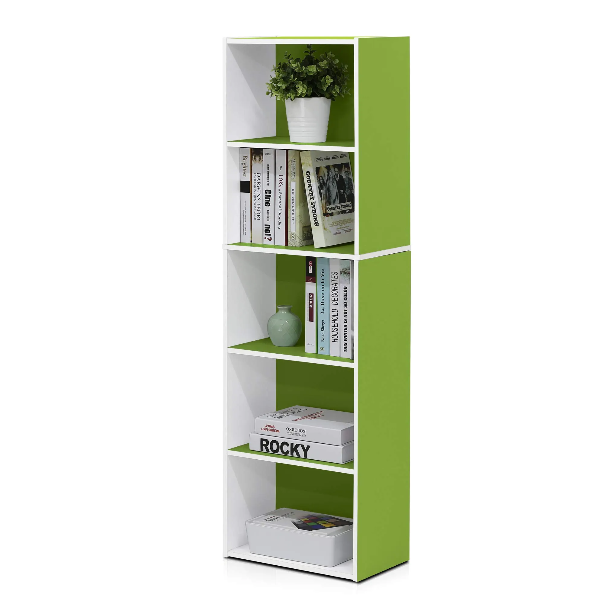 Furinno Luder Libreria a ripiani aperti a colori reversibili a 5 livelli, Bianco/verde