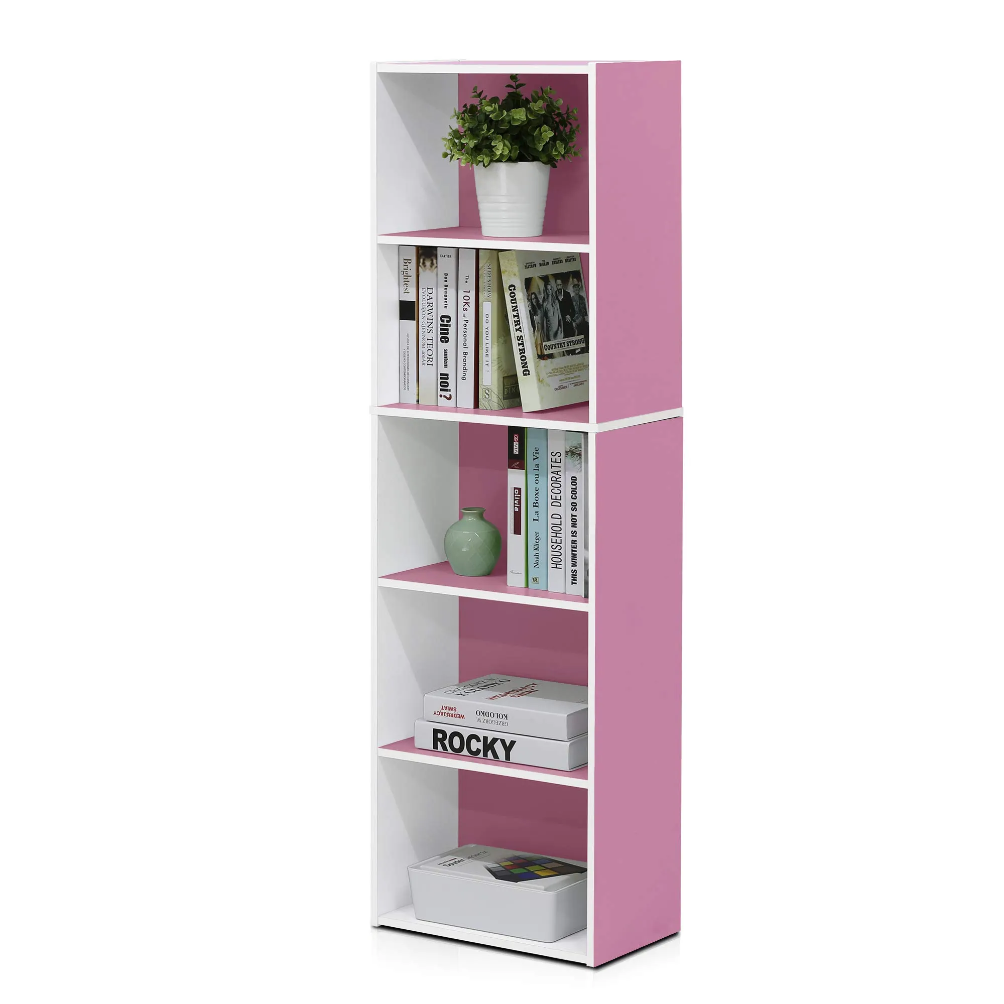 Furinno Luder libreria a ripiani aperti a colori reversibili a 5 livelli, Bianco/rosa