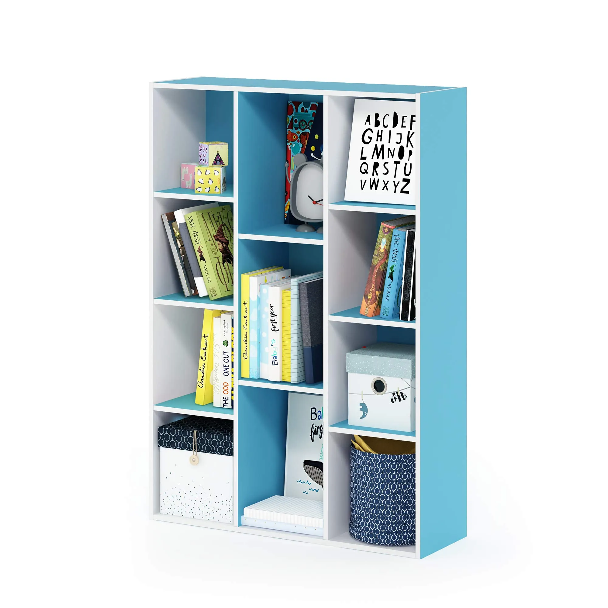 Furinno Luder Libreria reversibile a 11 cubi con scaffale aperto, Bianco/azzurro