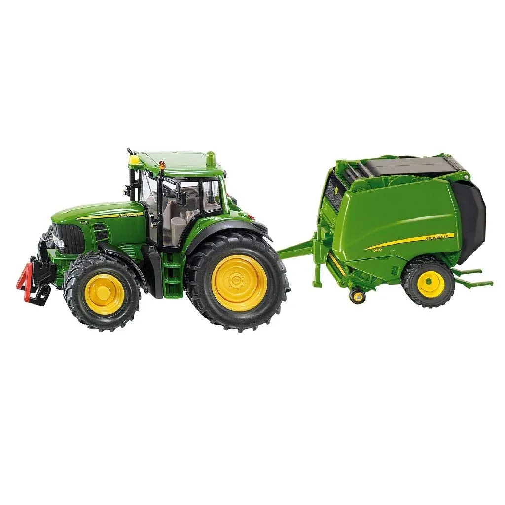 siku 1665, Trattore John Deere con pressa per balle con 2 balle incluse, Metallo e Plastica, Verde, Parti mobili