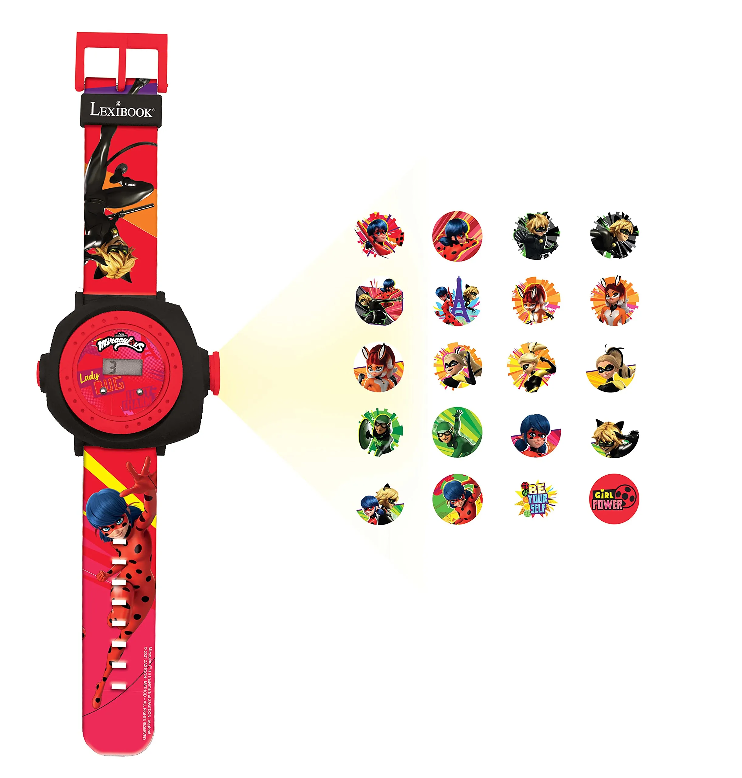 Lexibook, Miraculous Ladybug Chat Noir, Schermo digitale per orologio a proiezione regolabile, 20 immagini Miraculous, per Bambini, DMW050MI