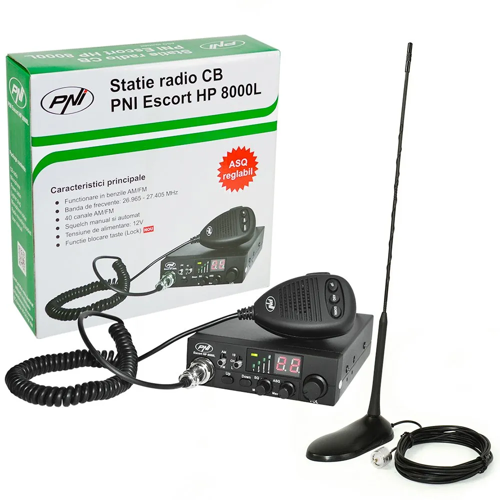Radio CB Ricetrasmettitore PNI 8000L con regolabile asq, 4 W Blocco tasti + antenna CB PNI Extra 45 SWR 1.0 altezza 45 cm in fibra di vetro magnetica supporto incluso