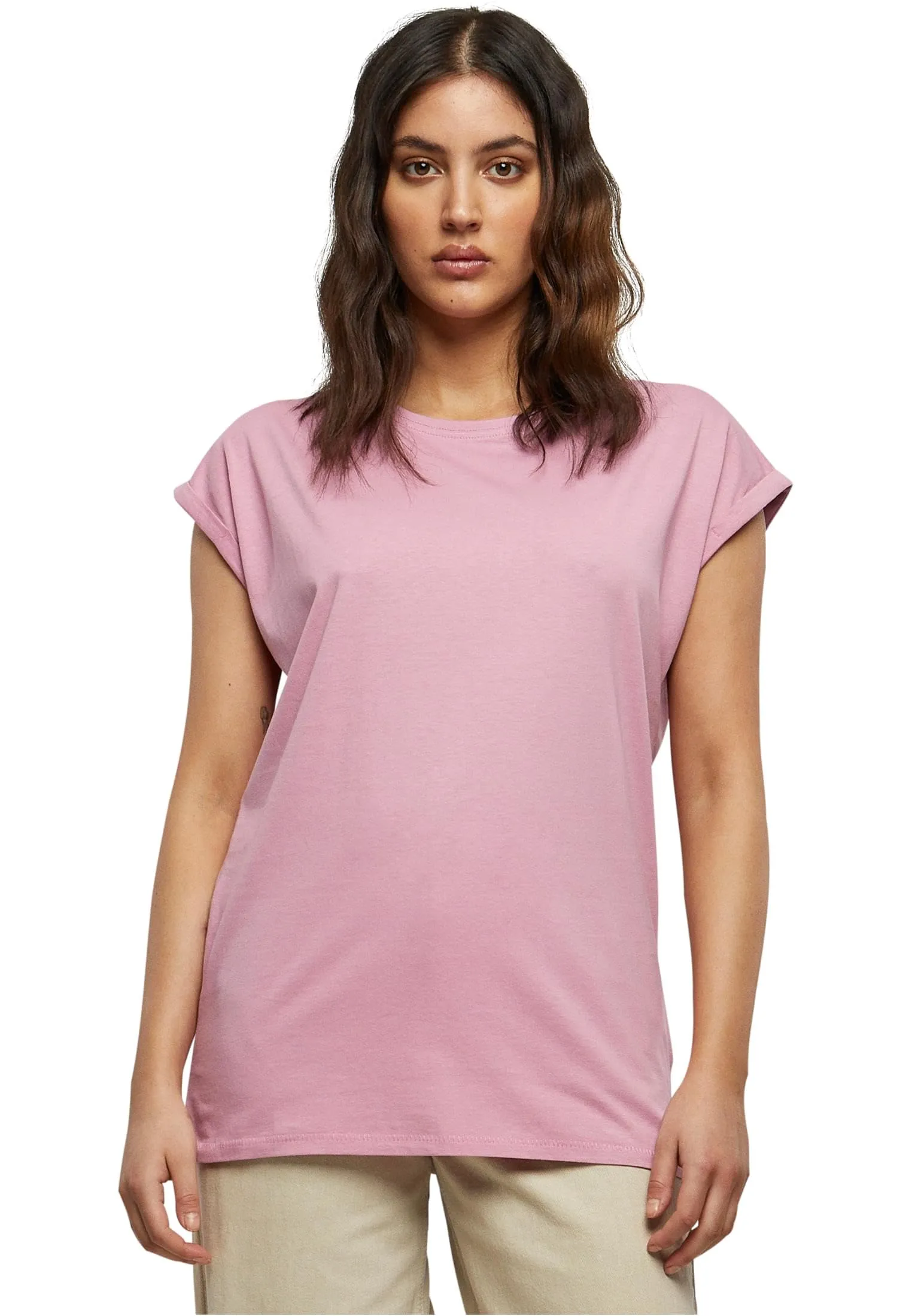 URBAN CLASSICS t-shirt da Donna con Manica Arrotolata, Maglietta a Maniche Corte da Donna in Cotone, Tee Shirt con Scollo Rotondo e Spalle Arrotondate, Colore: Rosso Ciliegia, Taglia: XXL