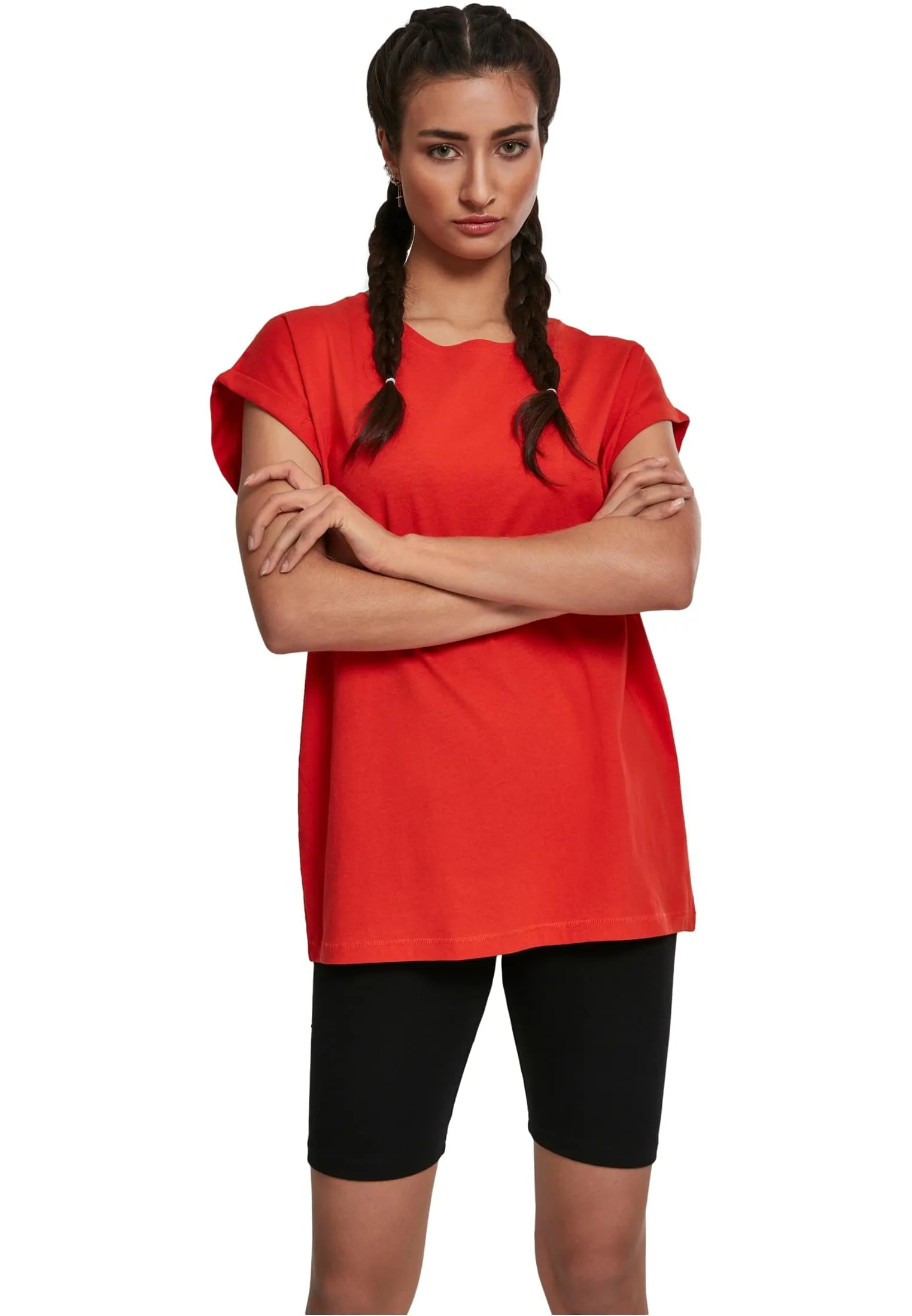 Urban Classics t-Shirt da Donna con Manica Arrotolata, Maglietta a Maniche Corte da Donna in Cotone, Tee Shirt con Scollo Rotondo e Spalle Arrotondate, Colore: Rosso Ciliegia, Taglia: XXL