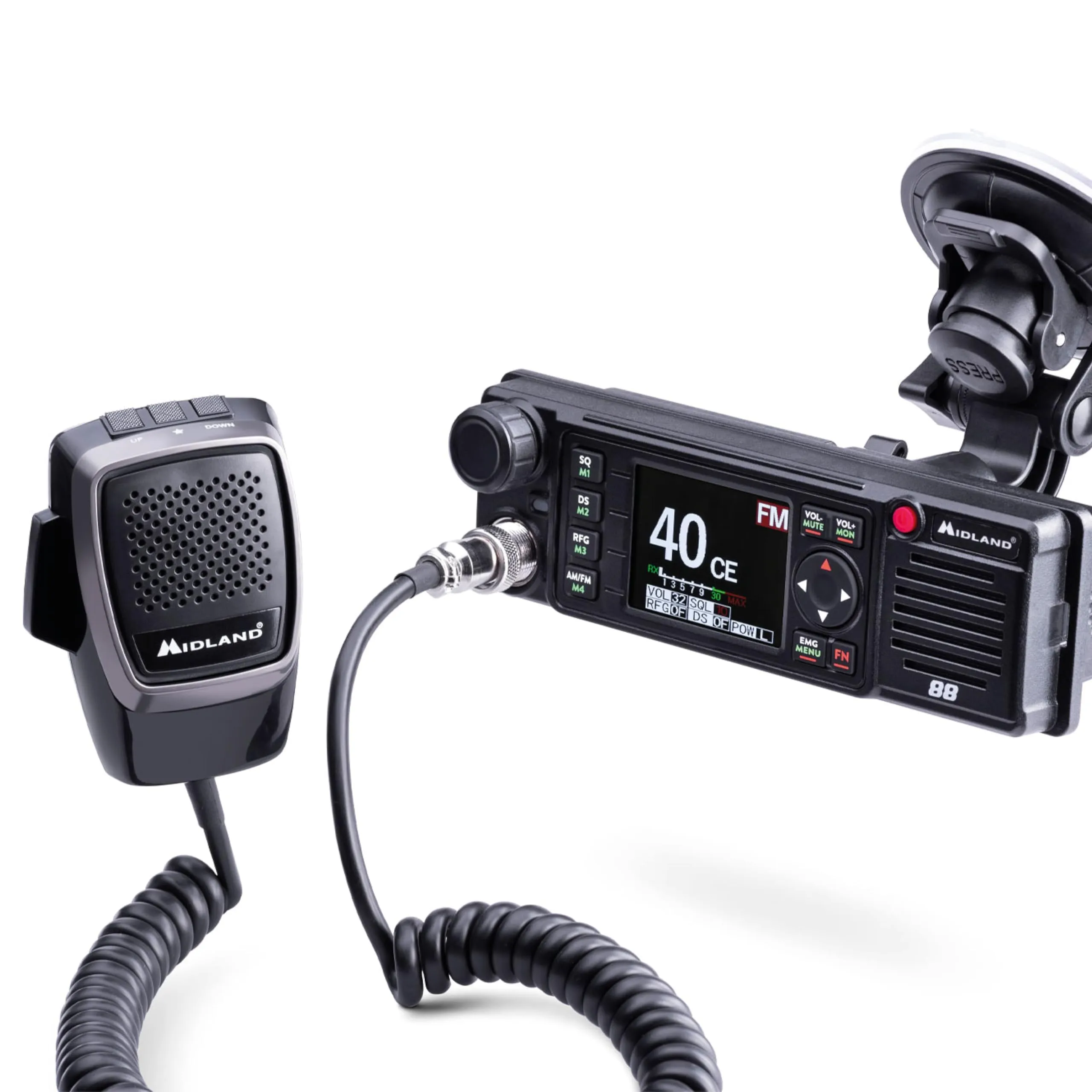 Midland - Radio CB M88 Veicolare Senza Licenza, Ricetrasmittenti Professionali per Scomparti DIN, Auto Camion Camper, Display TFT, Noise Blanker/HIC, Alimentazione Universale, Potente Speaker Frontale