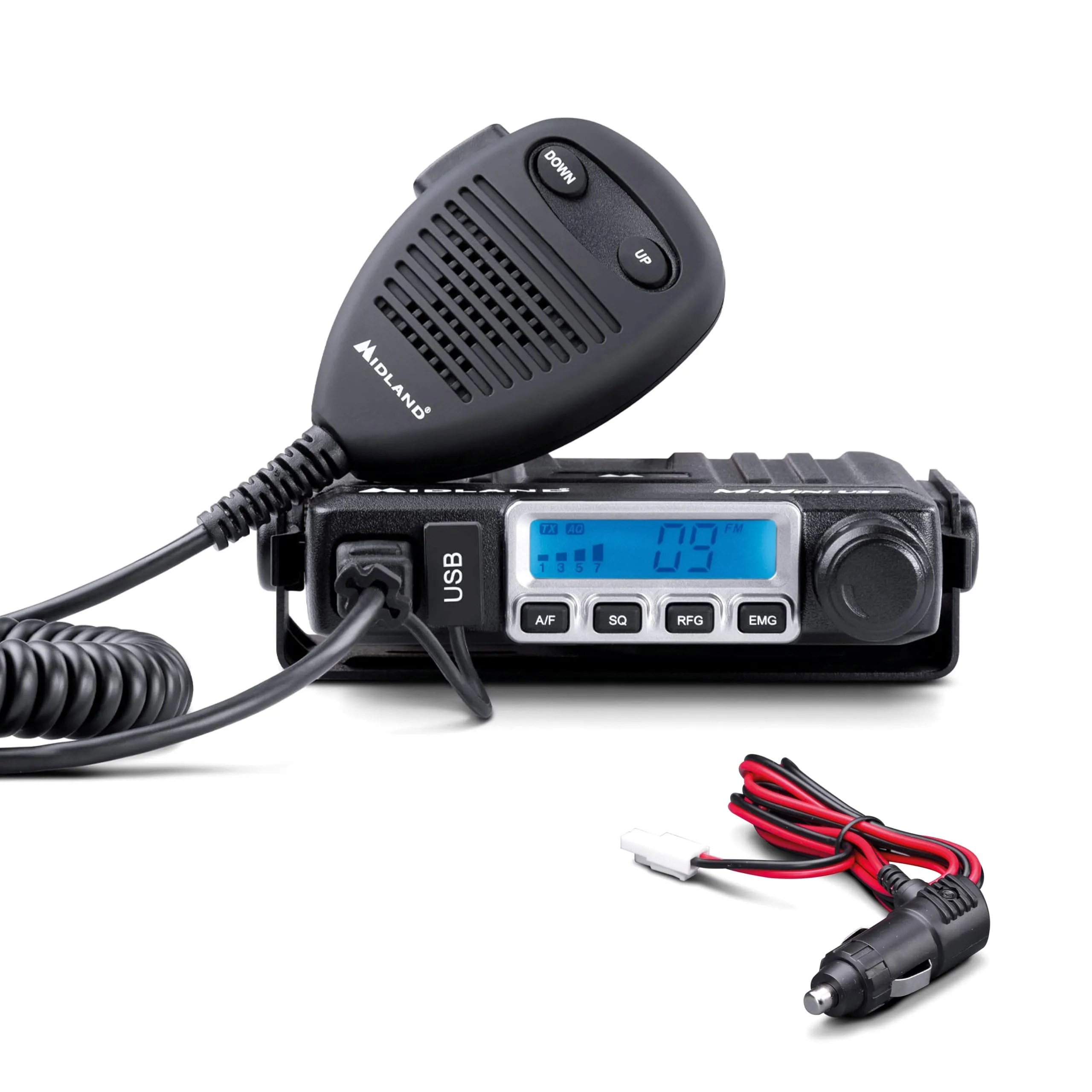 Midland - Radio CB M-MINI USB Senza Licenza, Multi Banda EU, 40 Canali AM/FM, Ricetrasmittenti Professionali Display LCD con S-Meter, 2 Modalità Squelch, Ricarica Rapida Presa USB Altoparlante Esterno