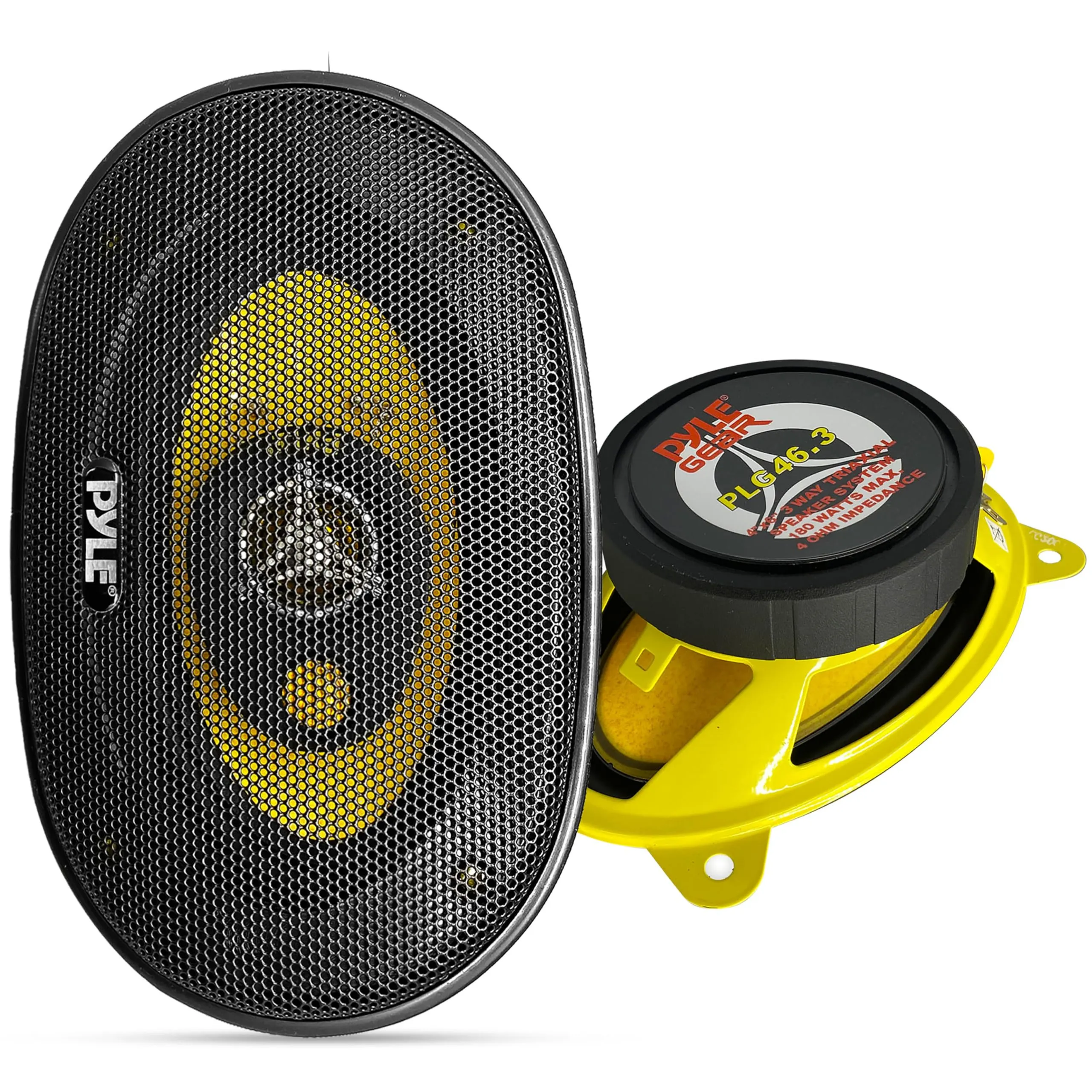 Pyle Sistema di Altoparlanti Auto Tre Vie - 10x15 cm 132W 4Ohm Casse Audio con Magneti da 850g, Profondità di Montaggio 5 cm, OEM-PLG46.3 (Coppia), Speaker Nero/Giallo