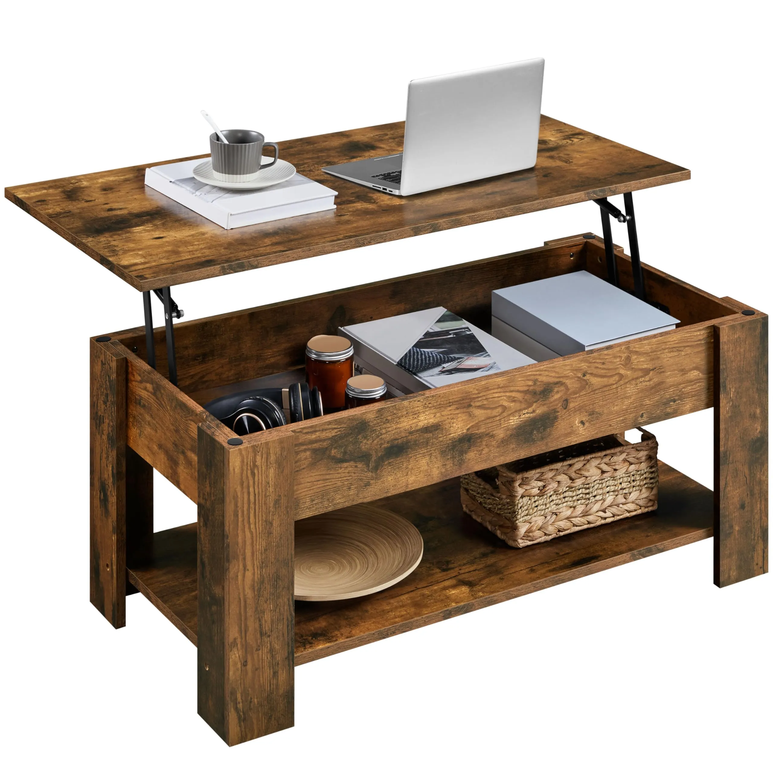 Yaheetech Tavolino da Caffè sollevabile 98 x 50 x 42-56 cm Marrone Rustico