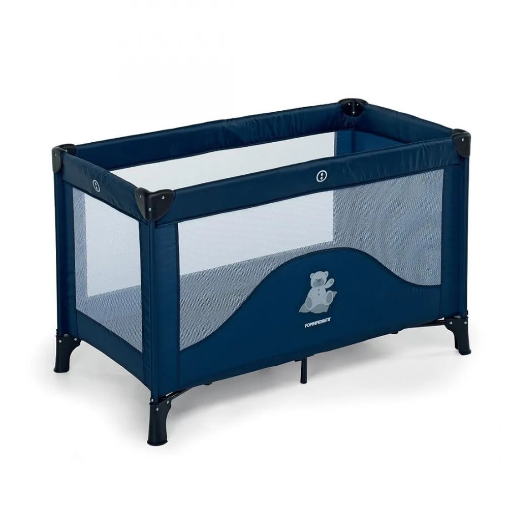 Foppapedretti Lettino da Viaggio Teddytour, Pieghevole, Grande Aerazione tramite Inserti in Rete Laterali, Piedini aggiuntivi per maggiore Stabilità, Custodia da Viaggio, 78x67x127 cm (aperto), Blu