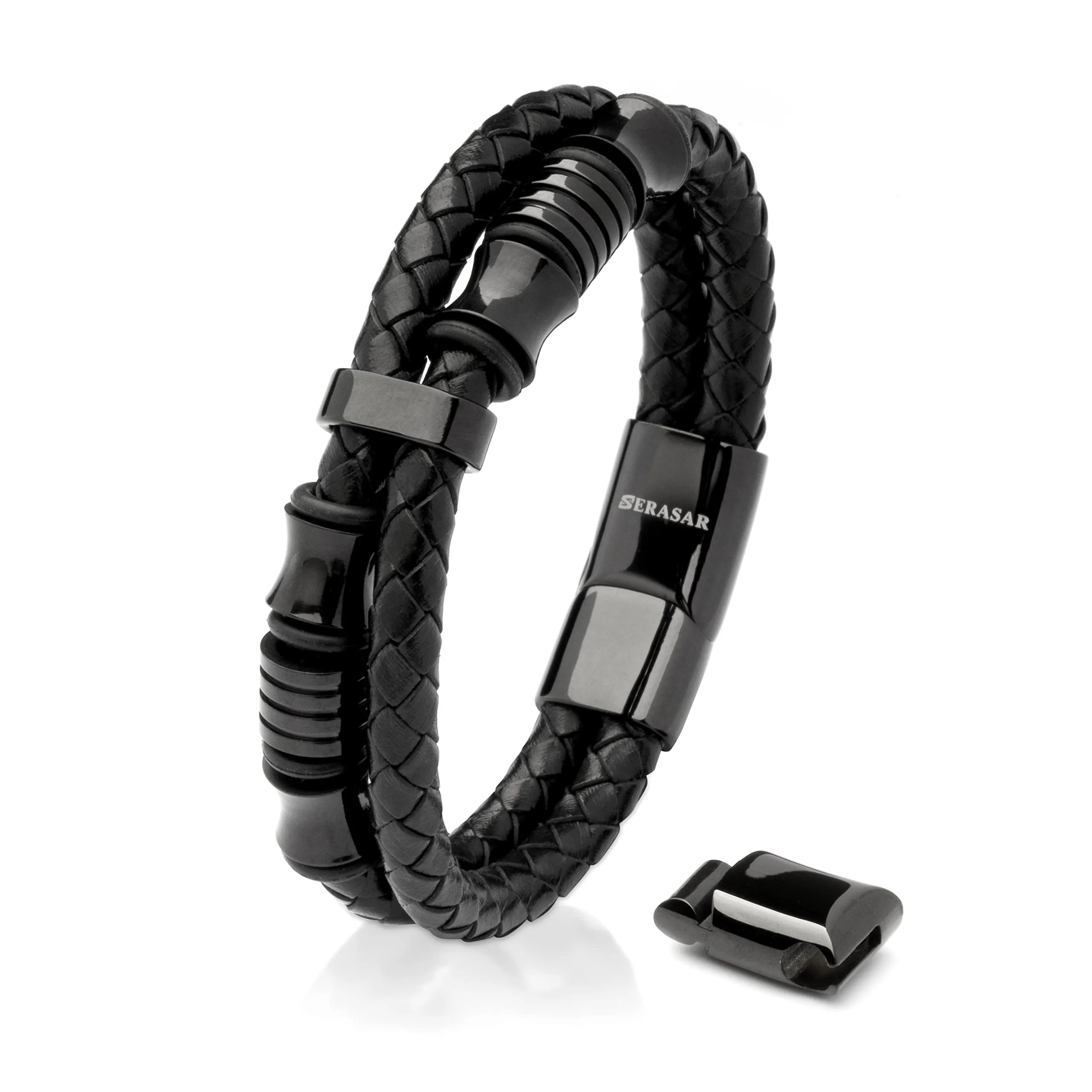 SERASAR Bracciale Uomo Cuoio Braccialetto Pelle Nera Regalo Figlio 17cm