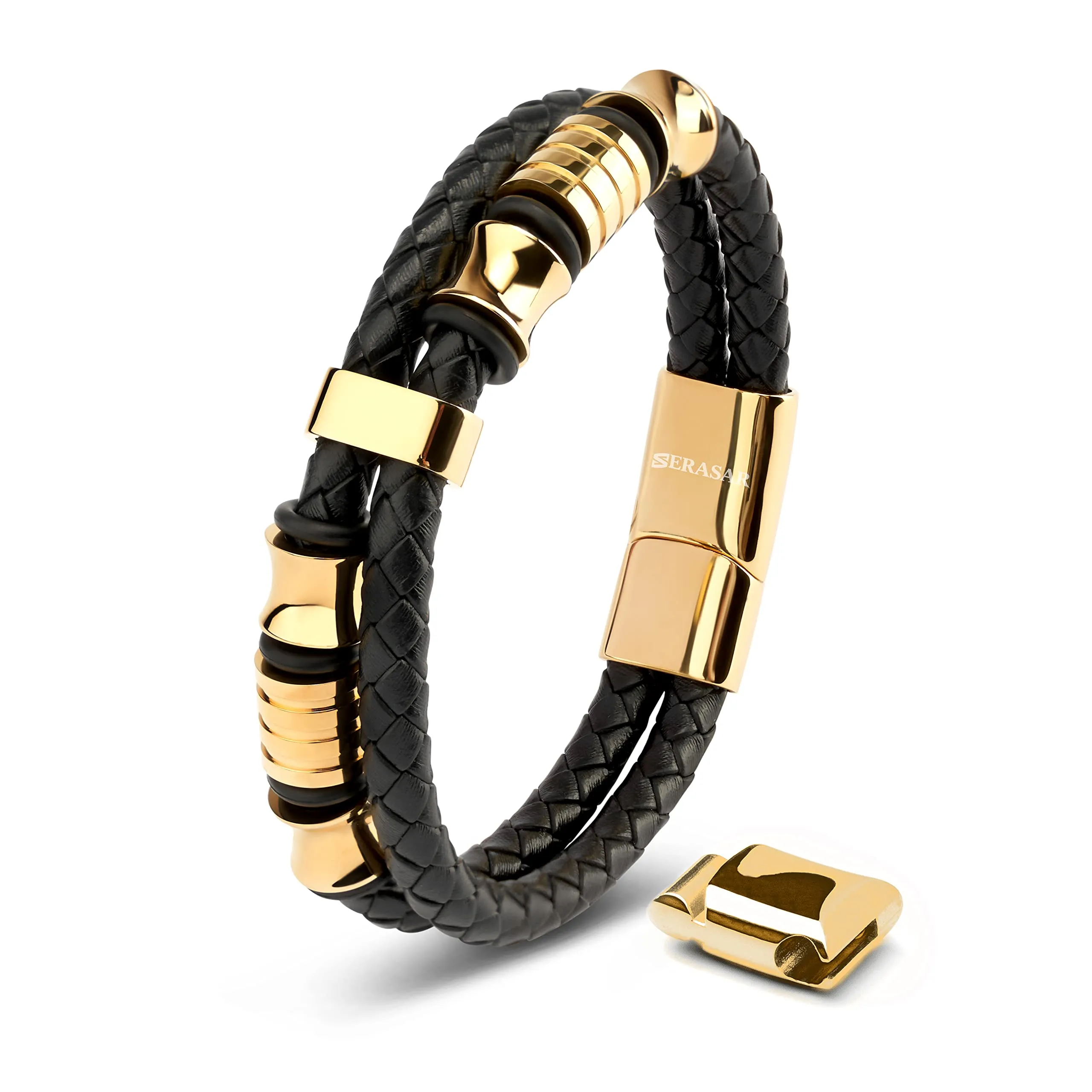 SERASAR Bracciale Uomo Cuoio Braccialetto Pelle Nera Regalo Gioielli 23cm