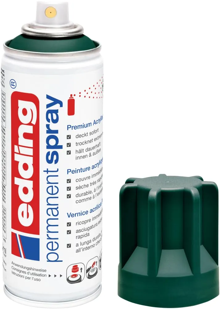 Edding 5200 Spray Permanente, Verde Muschio Opaco, 200 Ml, Vernice Acrilica Premium per Dipingere e Decorare Vetro, Metallo, Legno, Ceramica, Plastica, Tela, Smalto Acrilico, Vernice Spray