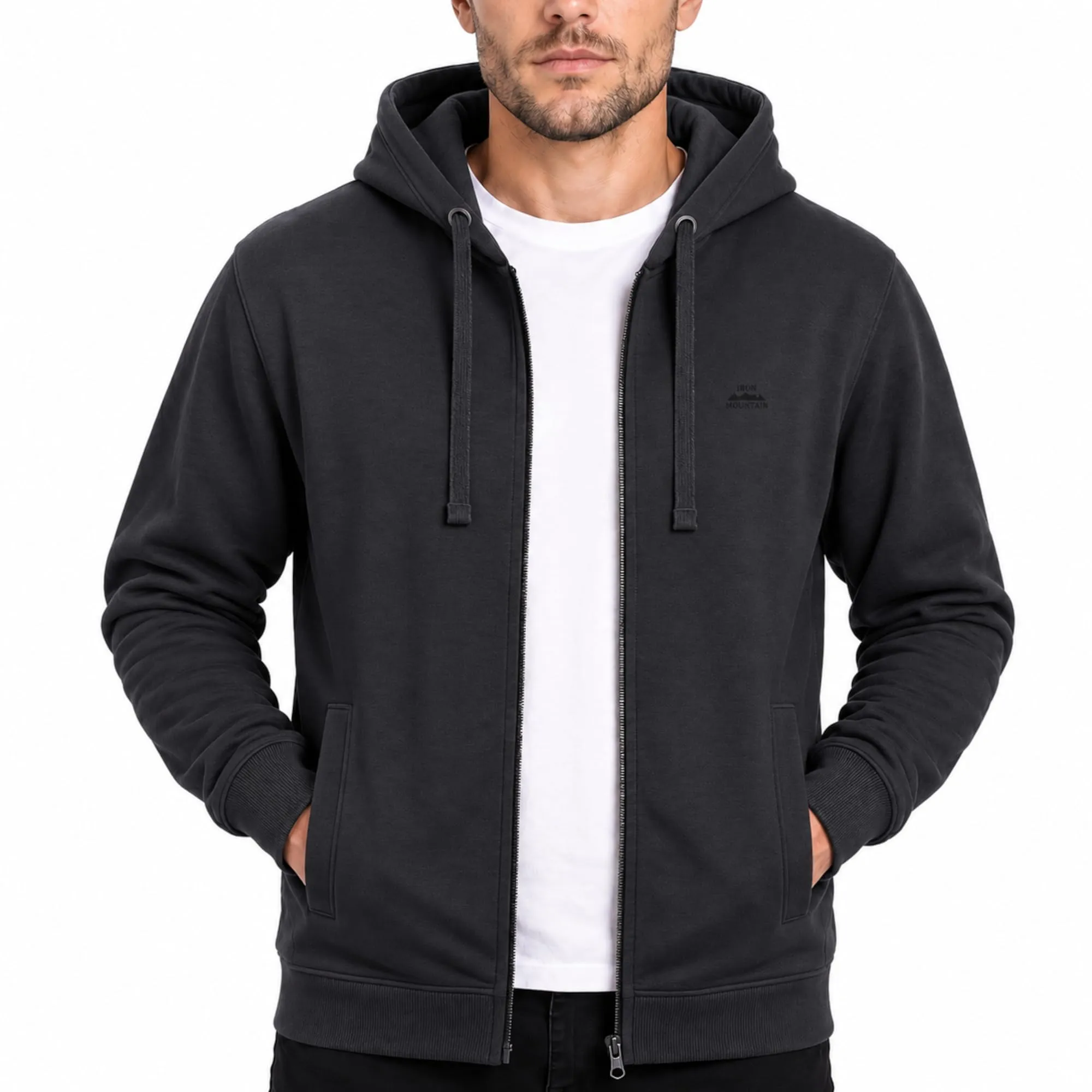 Iron Mountain Felpa Uomo con Zip e Cappuccio Fleece – Hoodie Cotone con Cerniera e Tasca Marsupio, Sweatshirt Workwear Sport e Uso Quotidiano (Carbone, XL)
