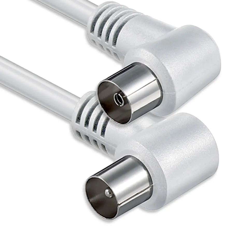 1aTTack.de Cavo antenna angolato 1,5 metri 2x spina coassiale schermata 90° > presa coassiale 90° bianco St-Ku (2x angolo) 80db 1,5m