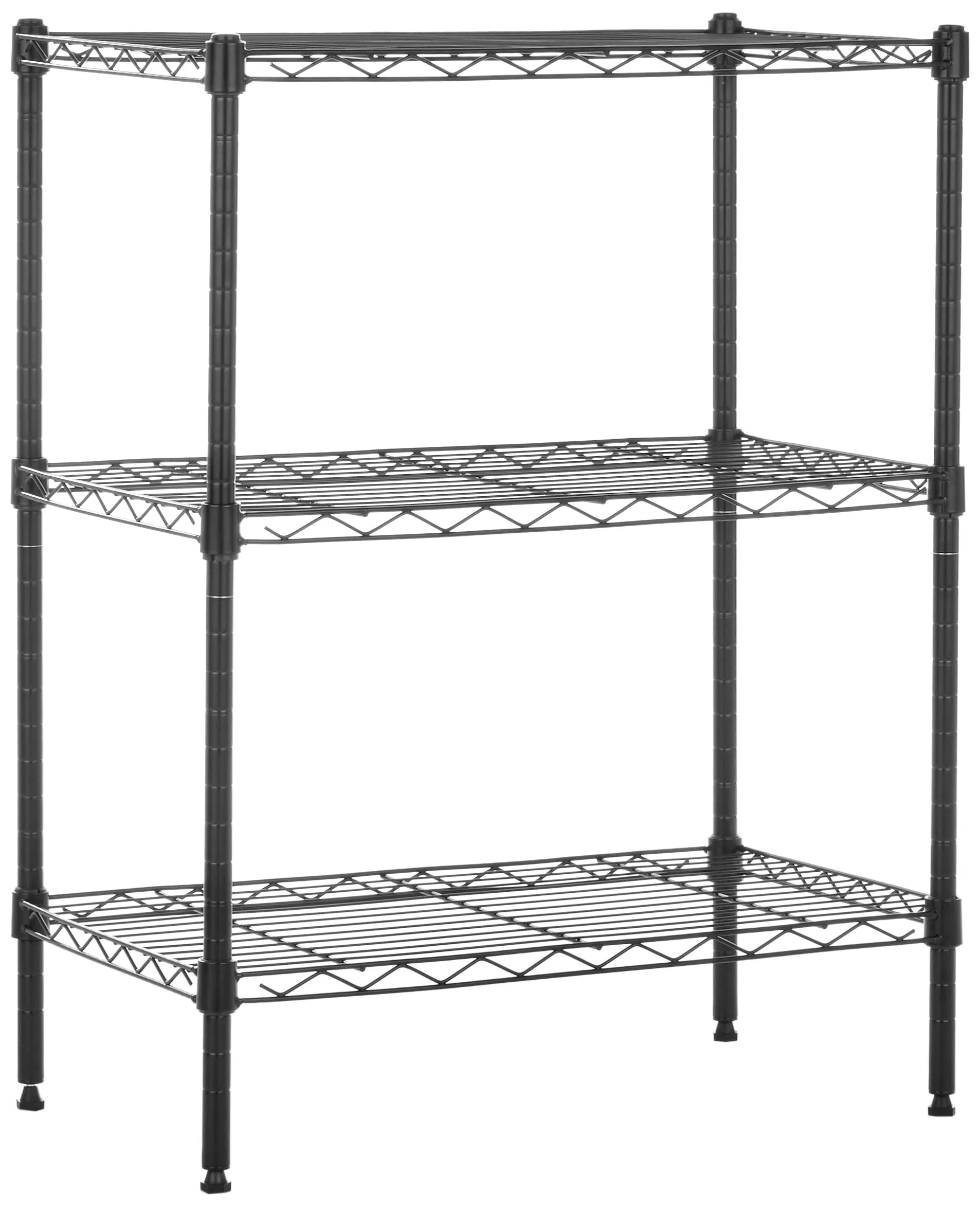 Amazon Basics Scaffaliera a 3 ripiani stretti, altezza dei ripianie piedini di livellamento regolabili, peso massimo 340 kg, Nero, 34 x 58.9 x 76.2 cm (D x W x H)