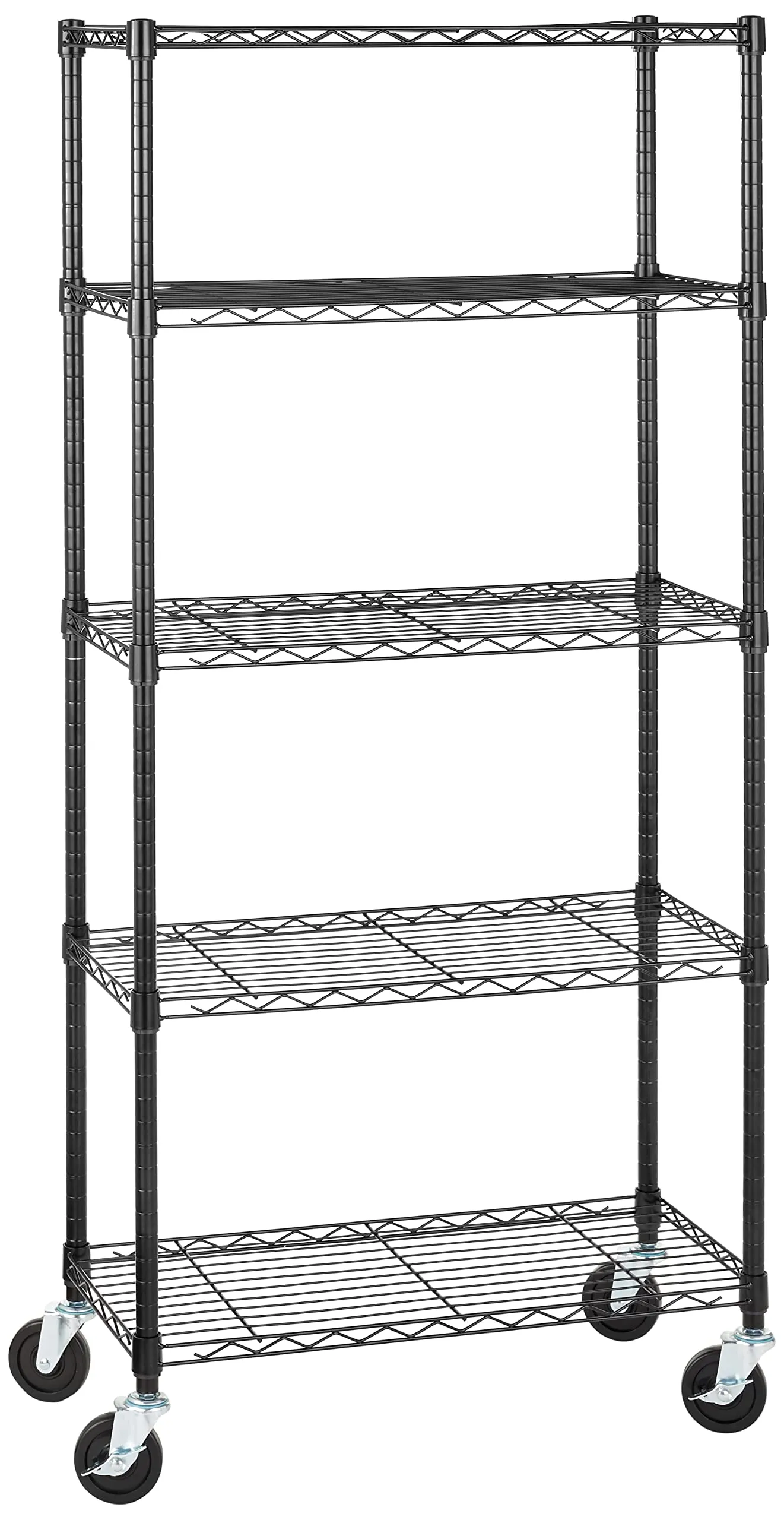 Amazon Basics Scaffaliera a 5 ripiani medi con rotelle da 10,2 cm, altezza dei ripianie piedini regolabili, peso massimo 680 kg, Nero, 35,6 x 76.2 x 164.5 cm (D x W x H)
