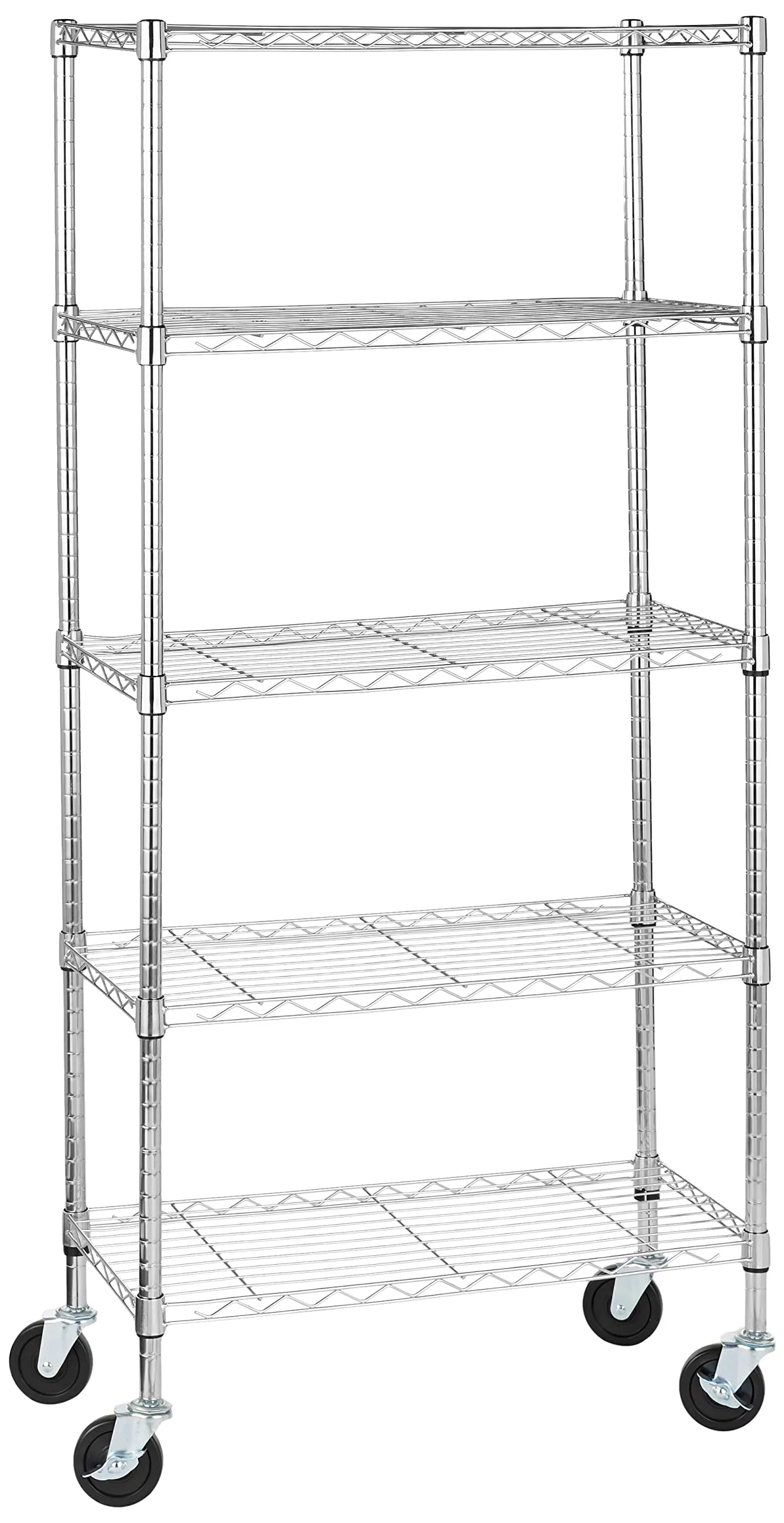 Amazon Basics Scaffaliera 5 ripiani medi, con rotelle da 10,2 cm, altezza dei ripianie piedini regolabili, peso massimo 680 kg, Cromo, 36 x 76 x 164 cm (D x W x H)