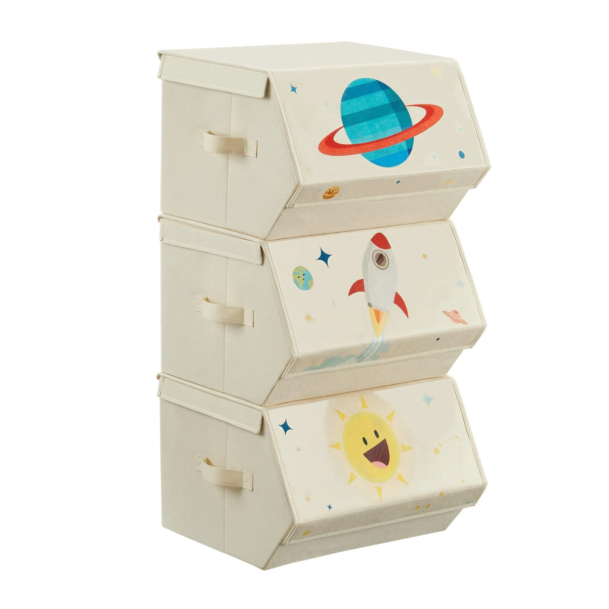 SONGMICS Organizzatori per Bambini, 3 Scatole Portaoggetti Impilabili, Scatole Pieghevoli con Manici, Coperchio Magnetico, Tema Spazio, Beige RLB700M01